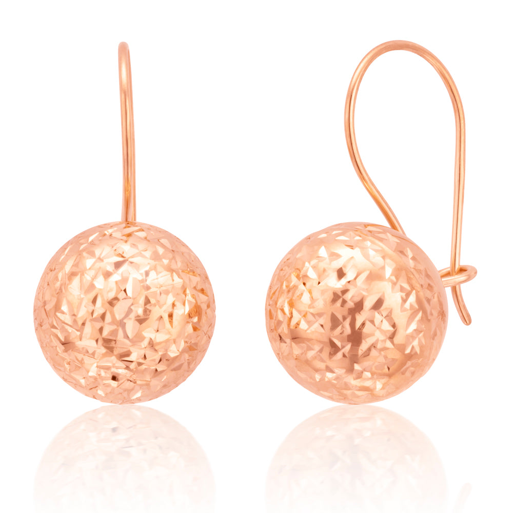 9ct Rose Gold Diamond Cut 10mm Ball Earwire Earrings - Elegant Dangle Earrings for Women, Perfect for Weddings, Parties & Special Occasions