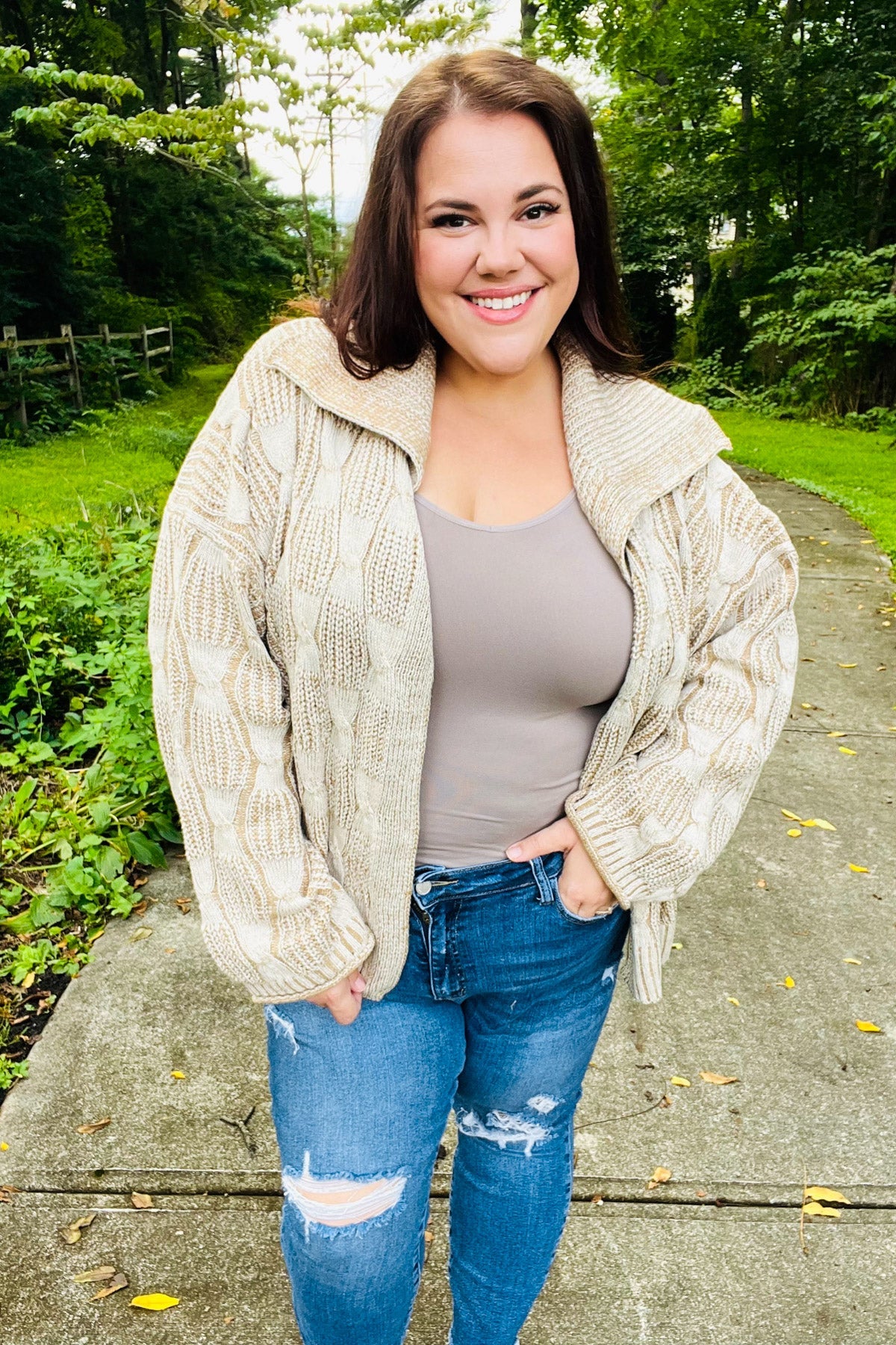 Cozy Taupe Textured Cable Knit Collared Cardigan for Women | Autumn Fall Sweater | Perfect for Layering, Office Wear & Casual Outfits