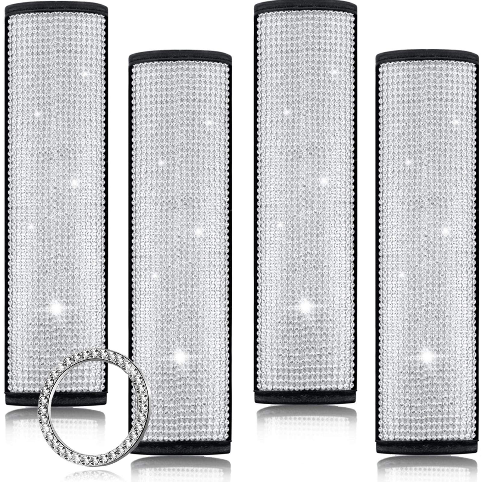 Soft Seat Belt Shoulder Pads with Bling Rhinestones - 5-Pack Universal Diamond Car Decor for Women | Crystal Rhinestone Start Button & Bling Ring Set (White Rhinestone) - Perfect for Luxury Car Accessories, Gift Ideas & Stylish Driving Comfort