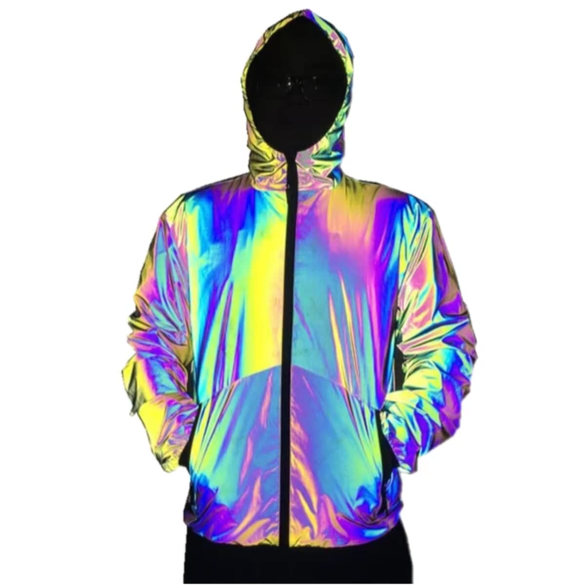 Rainbow Reflective Men's Windbreaker Jacket - Colorful Hooded Coat with Zipper Pockets for Hip Hop & Rock Style | Perfect for Night Running, Cycling & Urban Streetwear