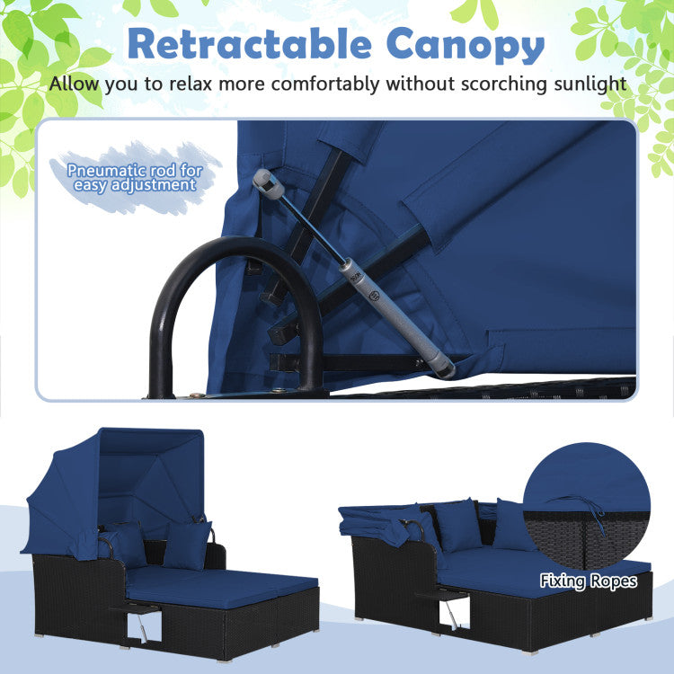 Costway Outdoor Patio Rattan Daybed with Retractable Canopy & Side Tables - Black - Perfect for Poolside Lounging, Garden Relaxation & Backyard Sunbathing