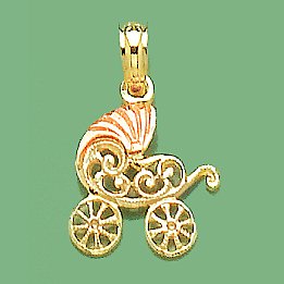 14K Two-Tone Gold Baby Stroller Charm Pendant - Flat 2D Novelty Jewelry with Pink Visor - Perfect for Bracelets, Necklaces & Gift Giving