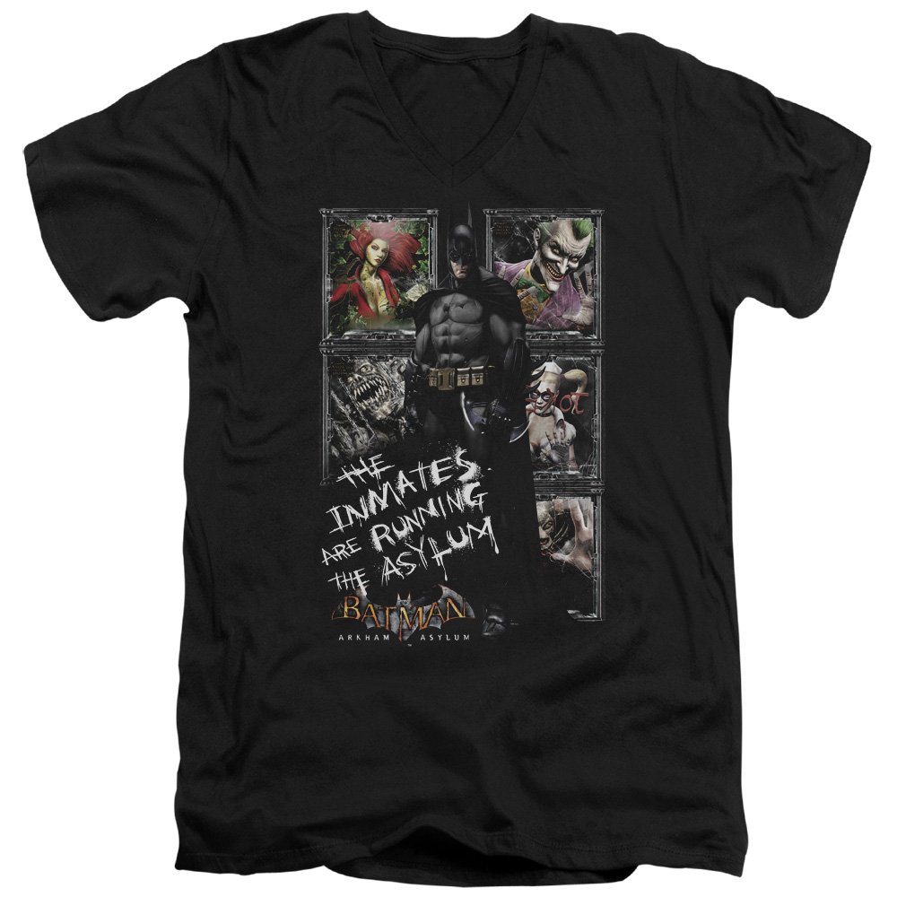 Trevco Batman AA Running The Asylum Short Sleeve T-Shirt for Men - Black Cotton Graphic Tee - Perfect for Comic Con, Cosplay & Casual Wear