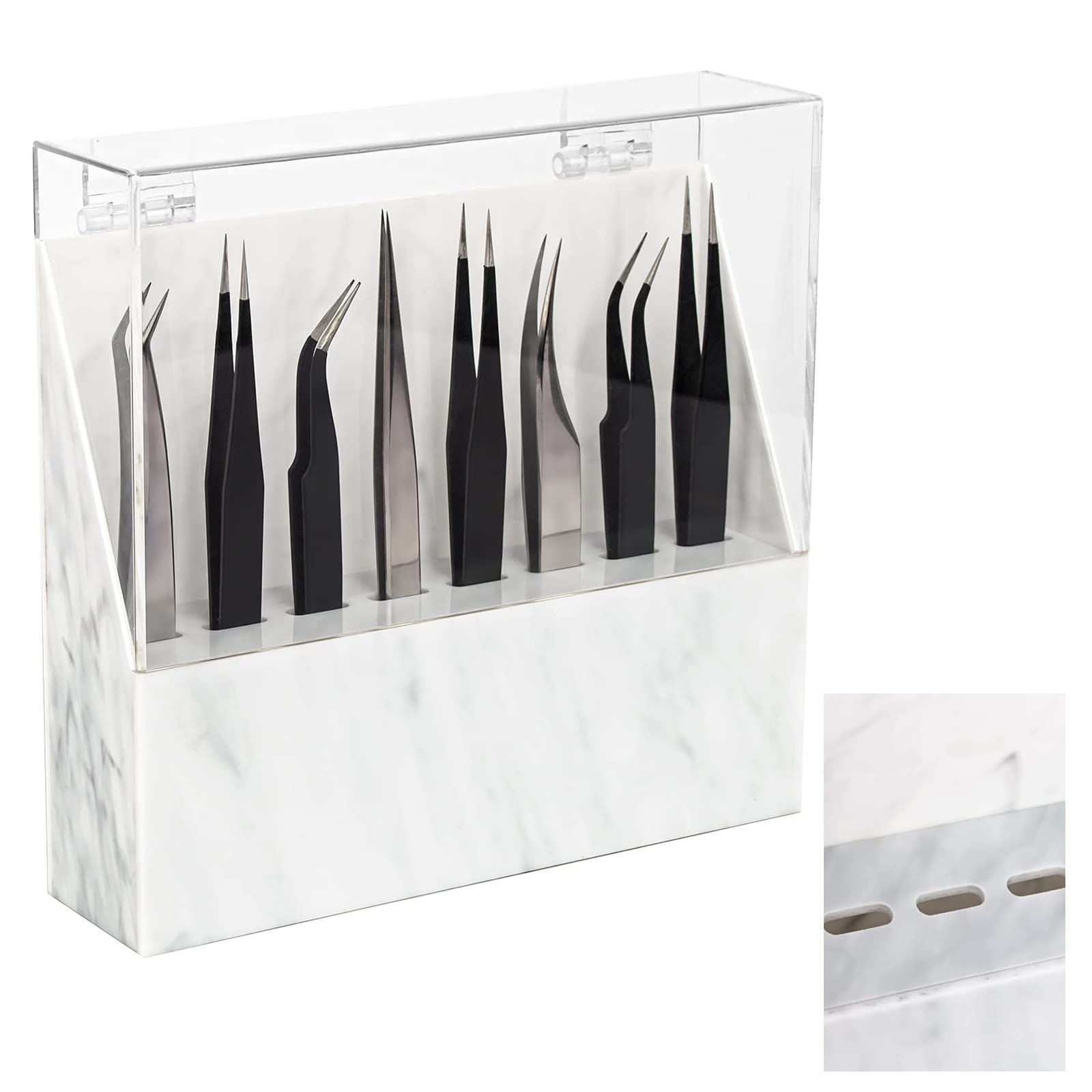 8 Holes Dust-proof Acrylic Marble Eyelash Tweezers Holder Case with Cover - Tweezer Stand & Organizer for Lash Extensions (White) - Perfect for Salon, Spa & Professional Makeup Artists