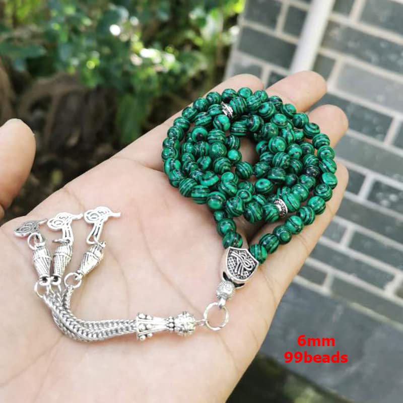 99 Beads Malachite Tasbih Misbaha Islamic Prayer Bracelet for Muslim Men - 6mm x 99 Beads - Perfect for Ramadan, Eid Gifts & Daily Dhikr