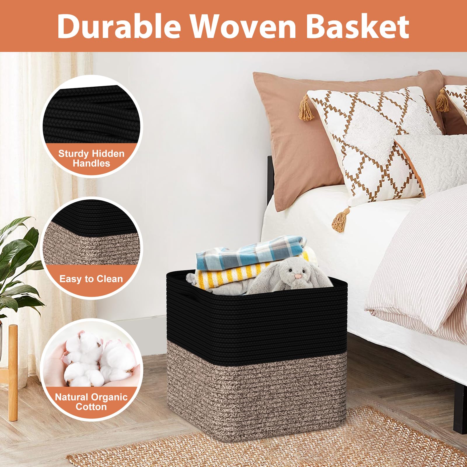 11 Inch Woven Cotton Rope Storage Baskets - 3 Pack Organizer Bins with Handles for Toys, Blankets, Laundry | Decorative Home Storage for Living Room, Bedroom & Closet (Black & Brown) | Perfect for Nursery, Playroom & Bathroom Organization