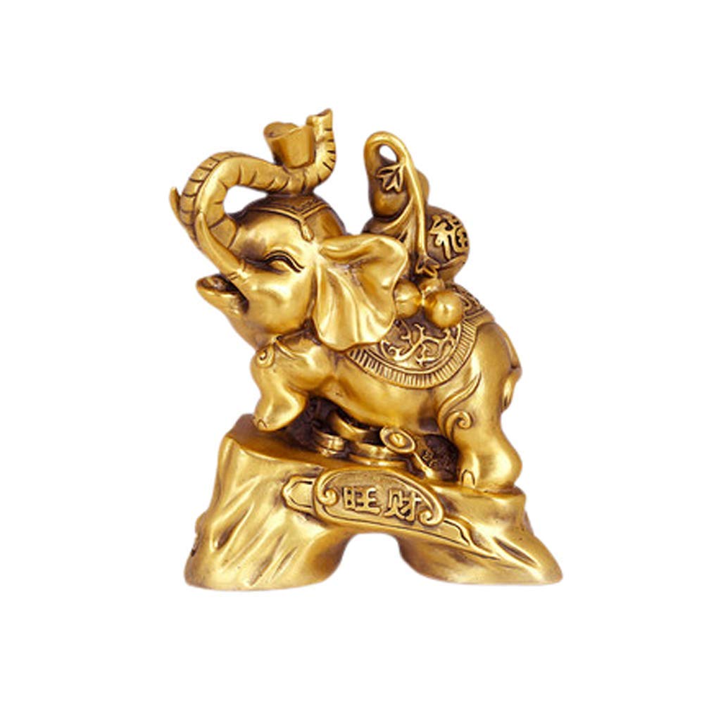 Golden Chinese Feng Shui Elephant Statue - Pure Brass Wealth & Luck Decor for Home & Office - Best Gift for Housewarming, Birthday & New Year - Attract Prosperity & Positive Energy