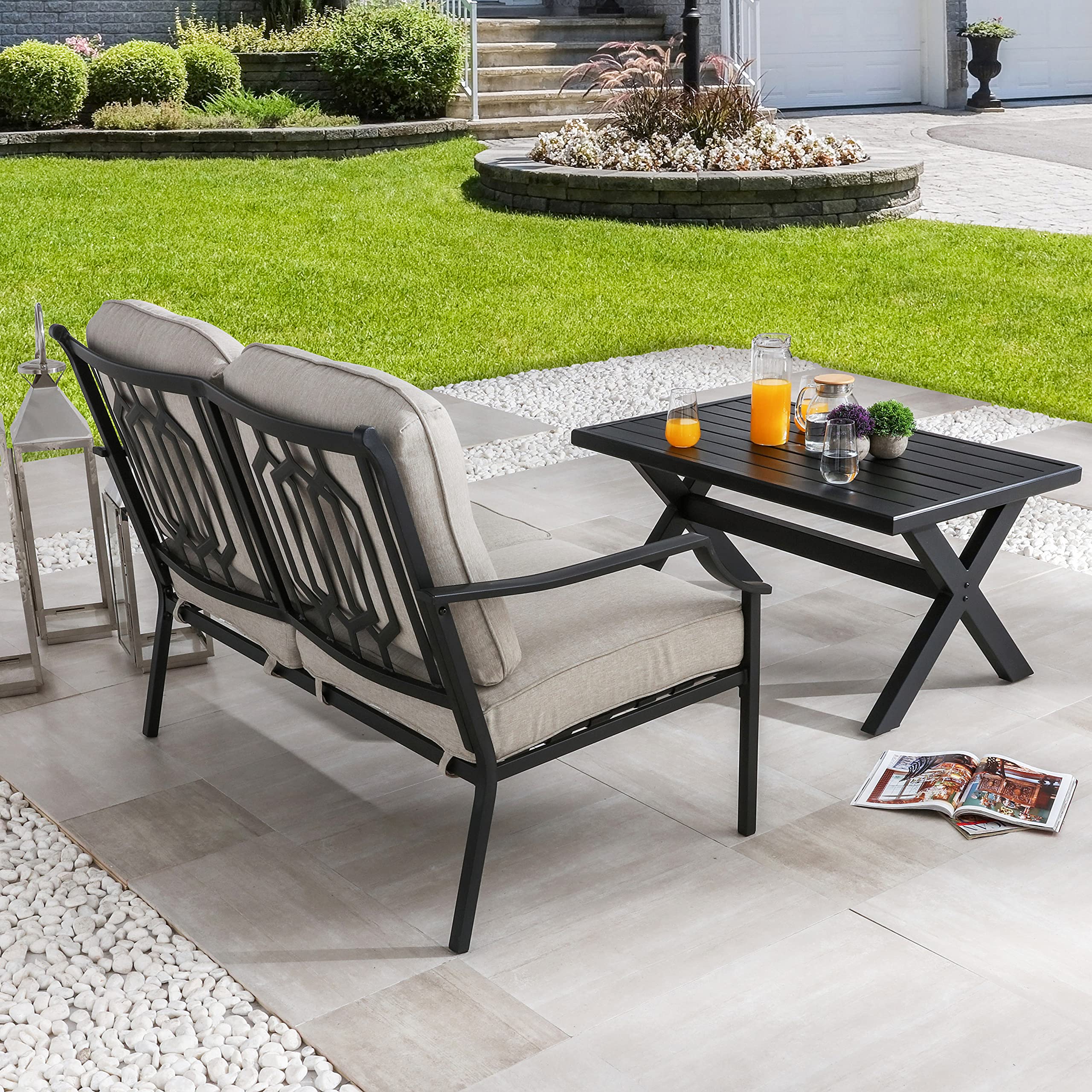LOKATSE HOME 2-Piece Outdoor Patio Loveseat Set with Cushions & Steel Coffee Table - Beige - Perfect for Garden, Backyard, and Poolside Relaxation