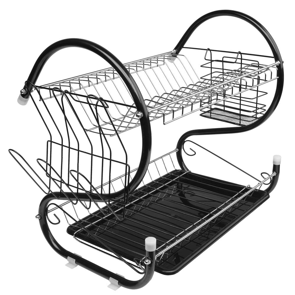Multifunctional S-Shaped Dual Layer Dish Rack for Bowls, Plates, Chopsticks & Spoons - Space Saving Kitchen Organizer with Drainage - Perfect for Small Kitchens, Dorms & Apartments (Black)