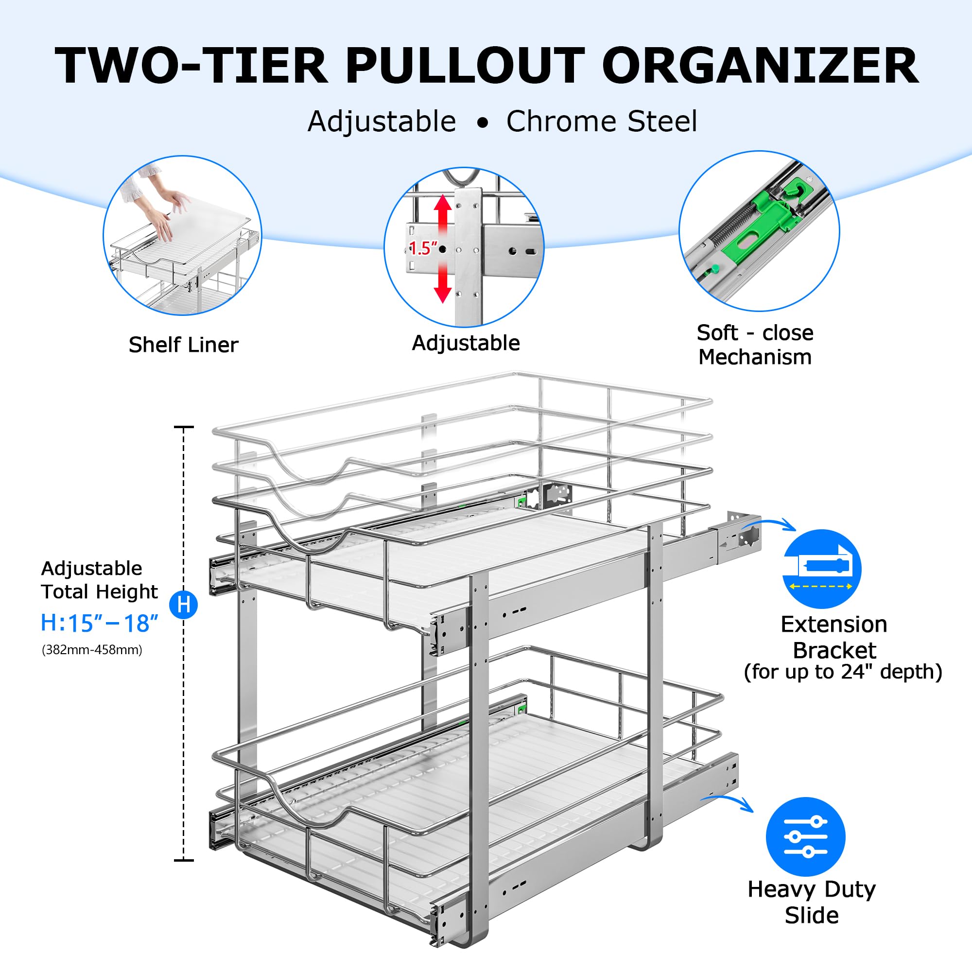 WelFurGeer 2 Tier Soft Close Pull Out Cabinet Organizer - 20
