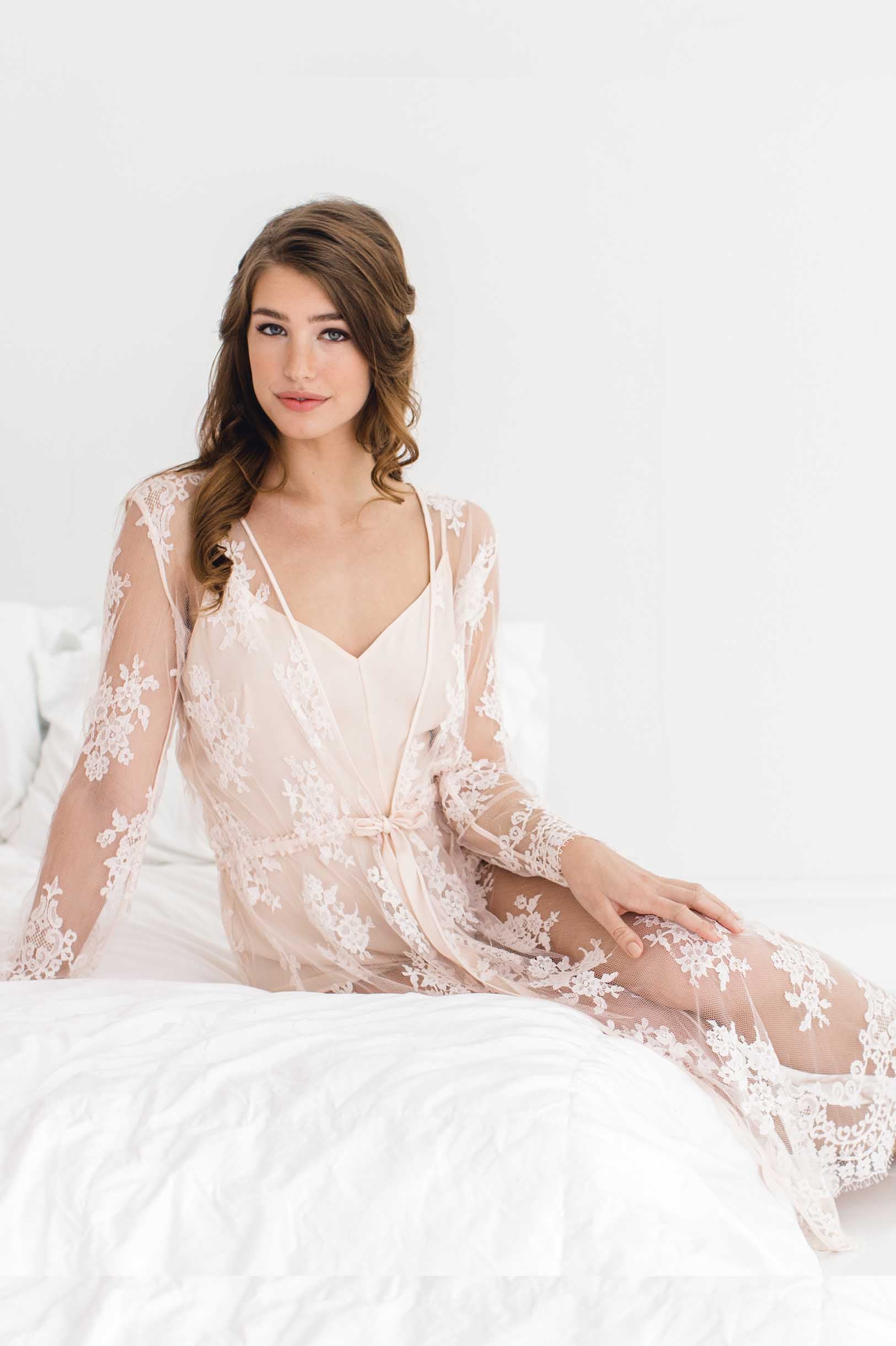 Jenny Boho Long French Lace Robe in Ivory - Elegant Bridal Loungewear & Wedding Nightgown for Honeymoon, Bridal Shower & Romantic Getaways
