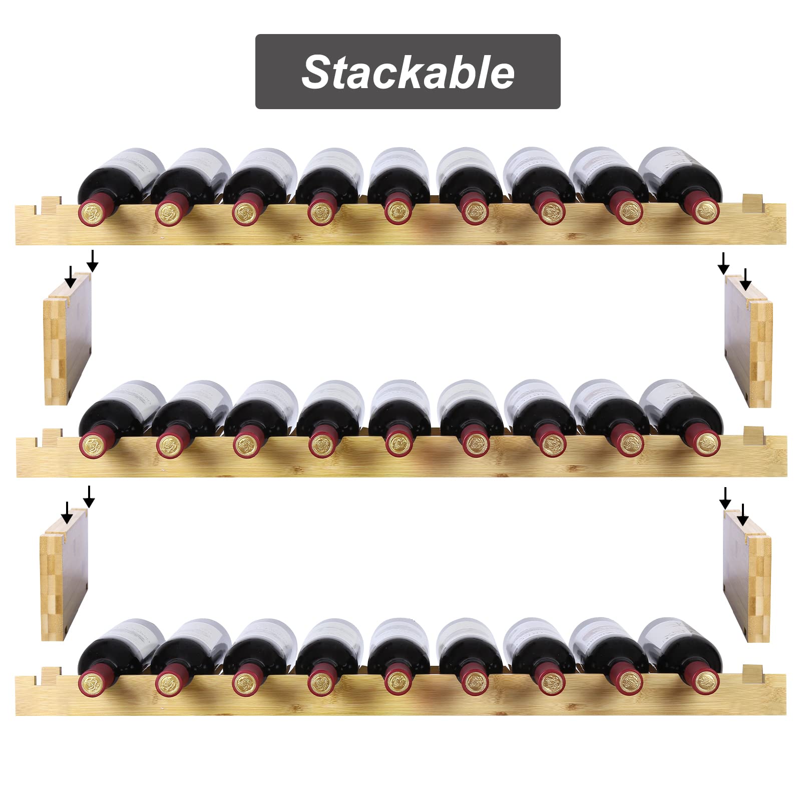 Finnhomy 27-Bottle Bamboo Wine Rack - 3-Tier Stackable Wine Storage Shelf for Kitchen, Bar & Dining Room - Natural Wood Wine Bottle Holder Organizer for Home & Office Decor