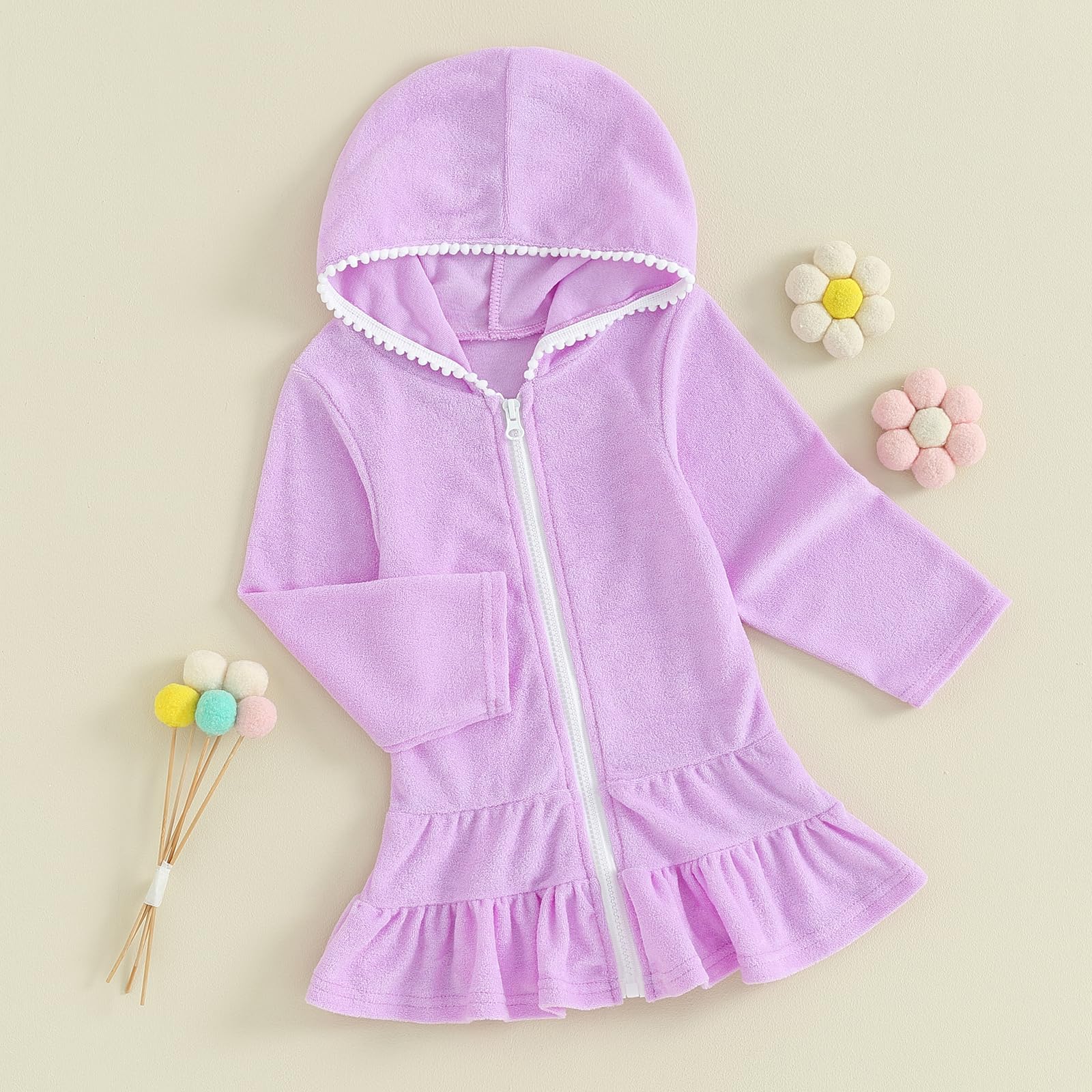 **Girls' Hooded Swim Cover Up Towel Robe - Zip Up Terry Cloth Bathing Suit Wrap for Toddler & Kids - Perfect for Pool, Beach & After Swim**