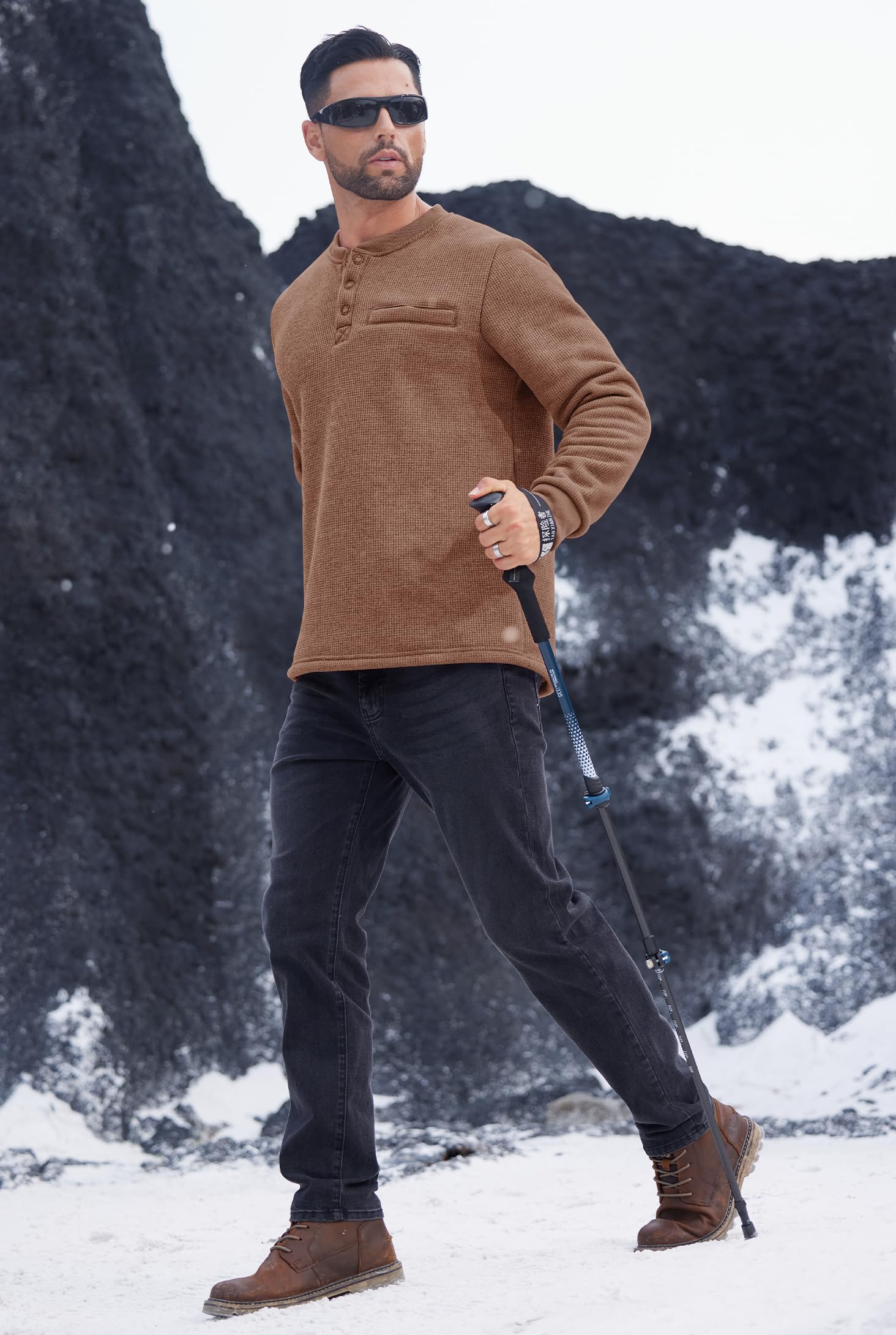 Men's Sherpa Lined Waffle Henley Long Sleeve Thermal Pullover - Winter Casual Shirt (S-XXL) | Warm Fleece Lined Top for Outdoor Activities & Cozy Indoor Wear