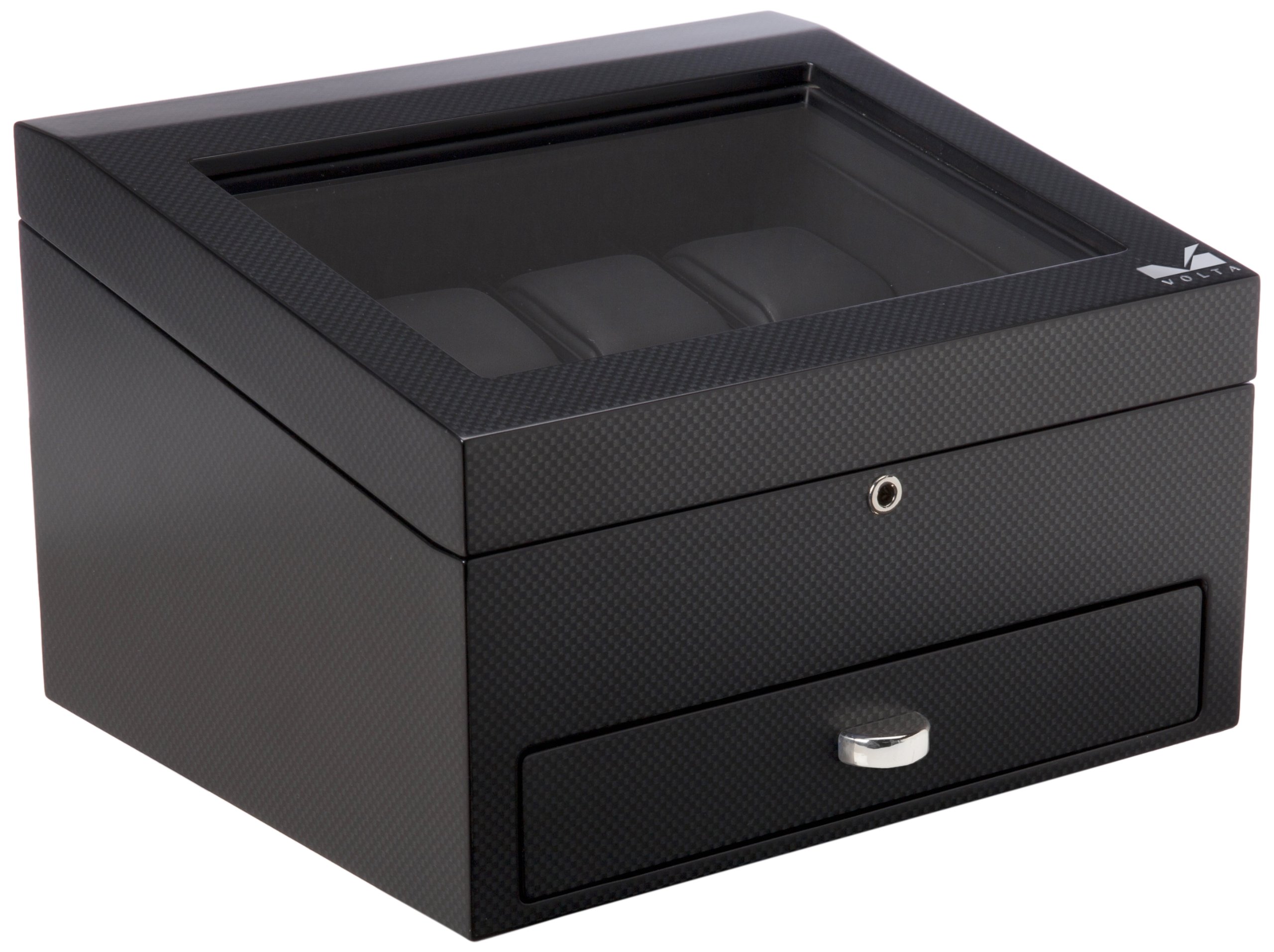 VOLTA Carbon Fiber Watch Case for 8 Watches - Black Lockable Jewelry Storage Box with Drawer, Modern Style - Perfect for Watch Collectors, Travel & Home Display