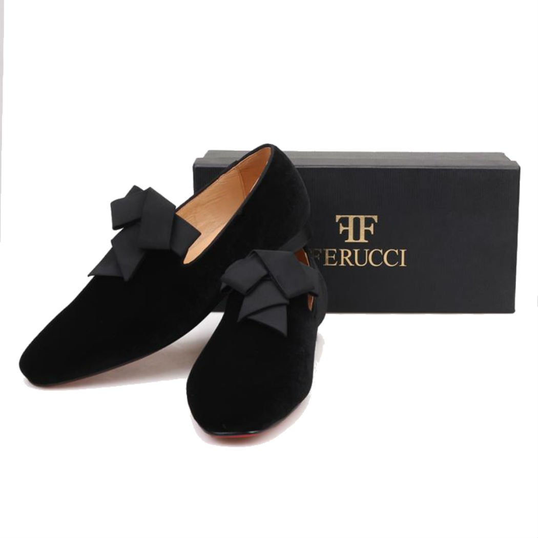 FERUCCI Handmade Men's Black Velvet Loafers with Ribbon Bow - Comfortable House Slippers for Indoor Lounging, Gift Giving & Special Occasions