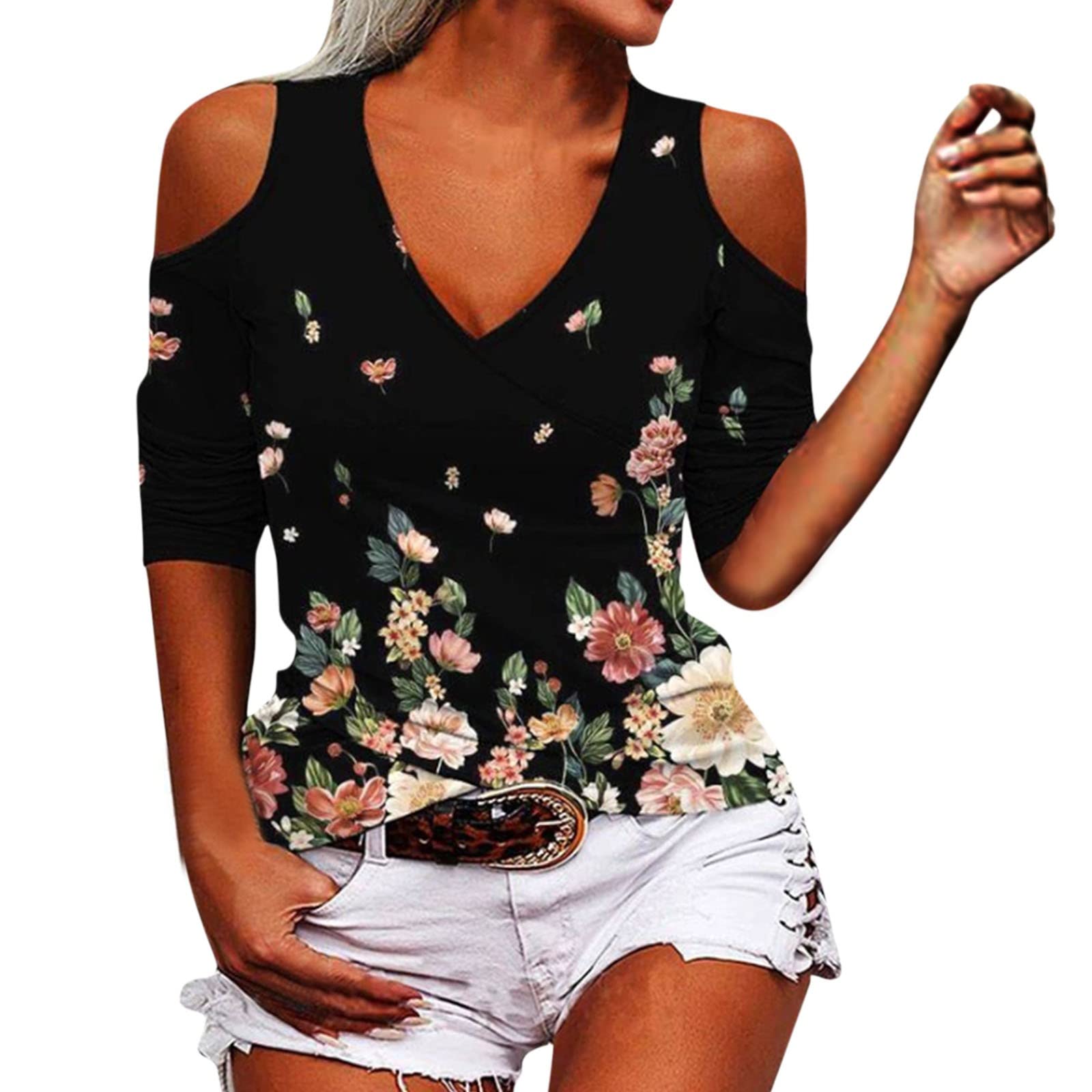 Women's Criss Cross Off Shoulder Tops - Tight Print V Neck Long Sleeve Summer Blouse for Women | Perfect for Beach, Party & Casual Outfits