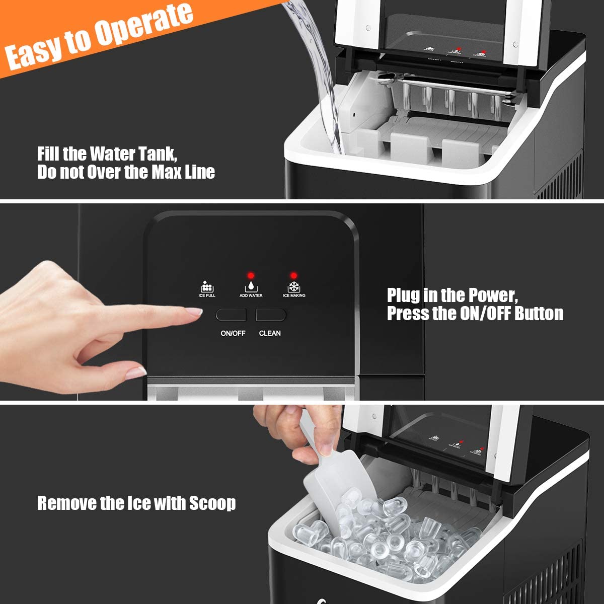 COSTWAY 26Lbs/24H Portable Countertop Ice Maker with Self-Cleaning Function - Makes Bullet Ice Cubes in 8 Minutes - Includes Scoop & Removable Basket - Perfect for Home, Office, Parties, Bars, and Outdoor Gatherings - Black