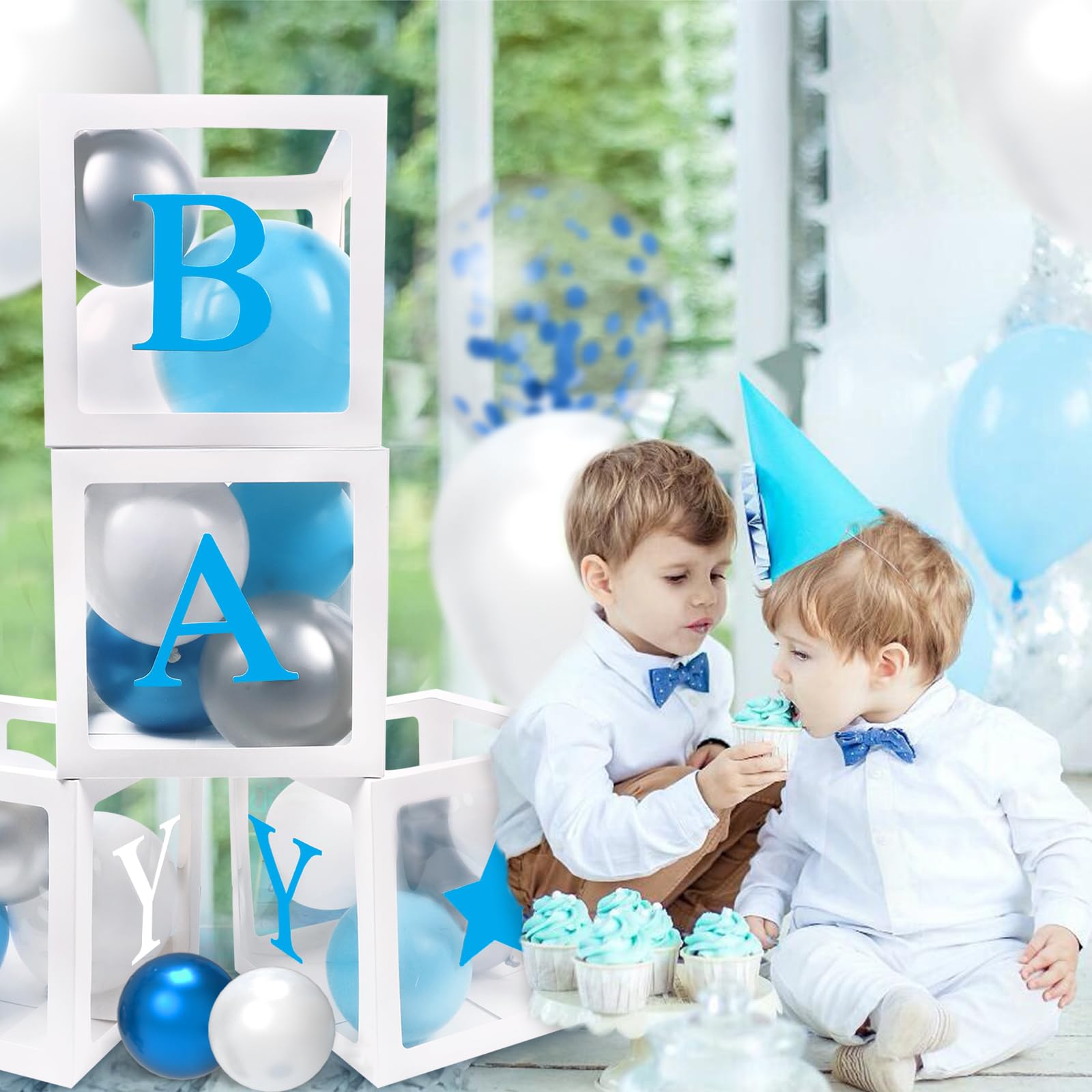 133pcs Blue Elephant Baby Shower Decorations Kit - Balloon Garland, Letter Boxes, Backdrop & Tablecloth for 