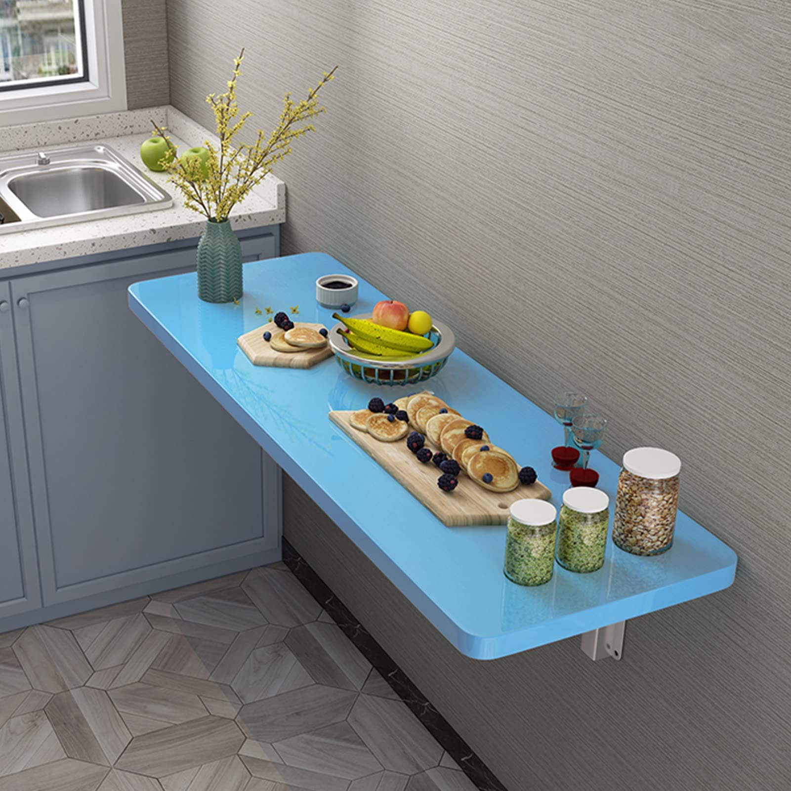 Wall Mounted Fold Down Table - Space Saving Folding Desk with 20 Size Options (Blue, 90x30cm) - Perfect for Small Apartments, Kitchen Dining, Home Office & RV Living