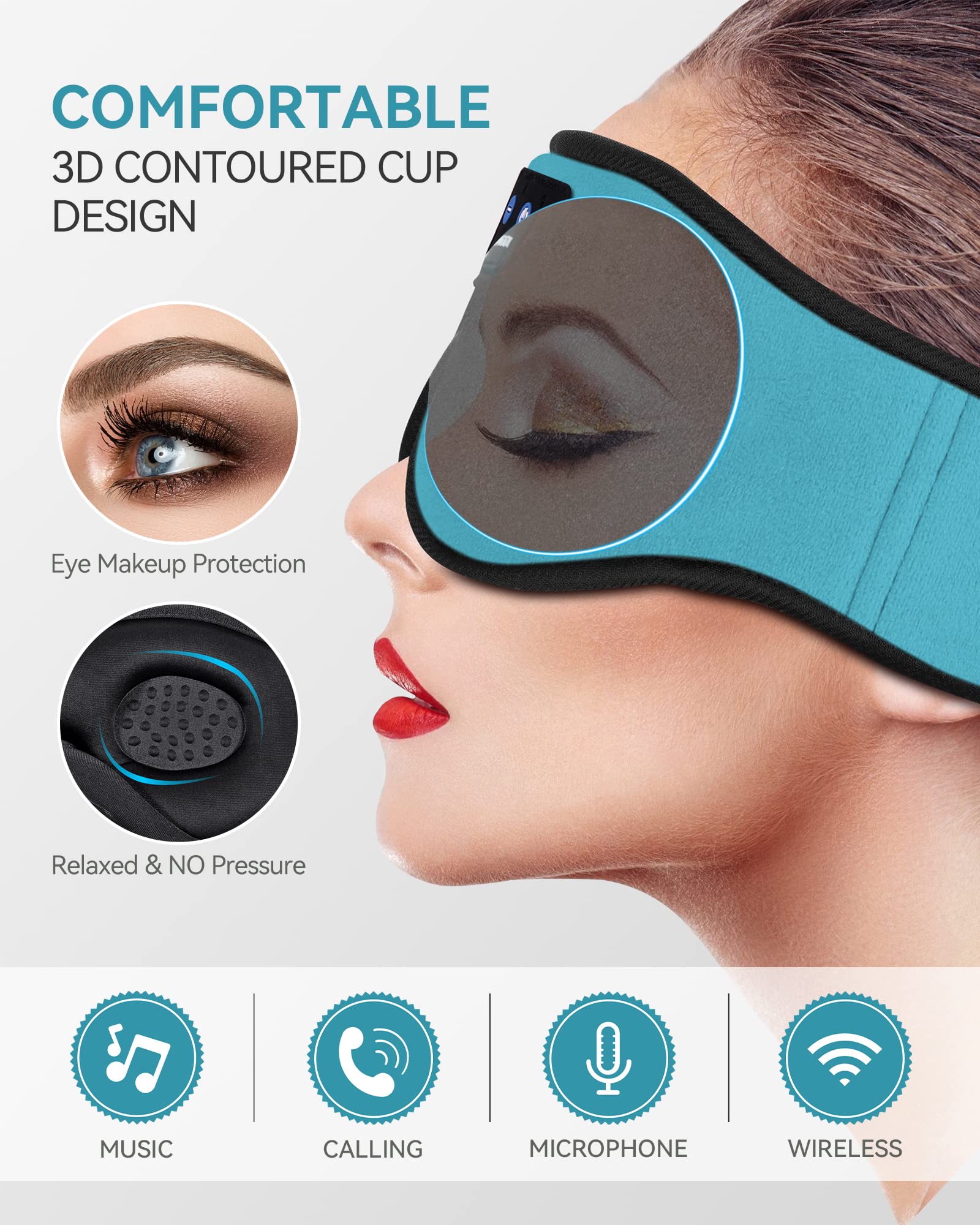 Musicozy 3D Bluetooth 5.2 Sleep Headphones Headband - Wireless Sleeping Mask with Ultra Thin Speakers, Microphone for Side Sleepers, Air Travel, Meditation, Yoga & Relaxation