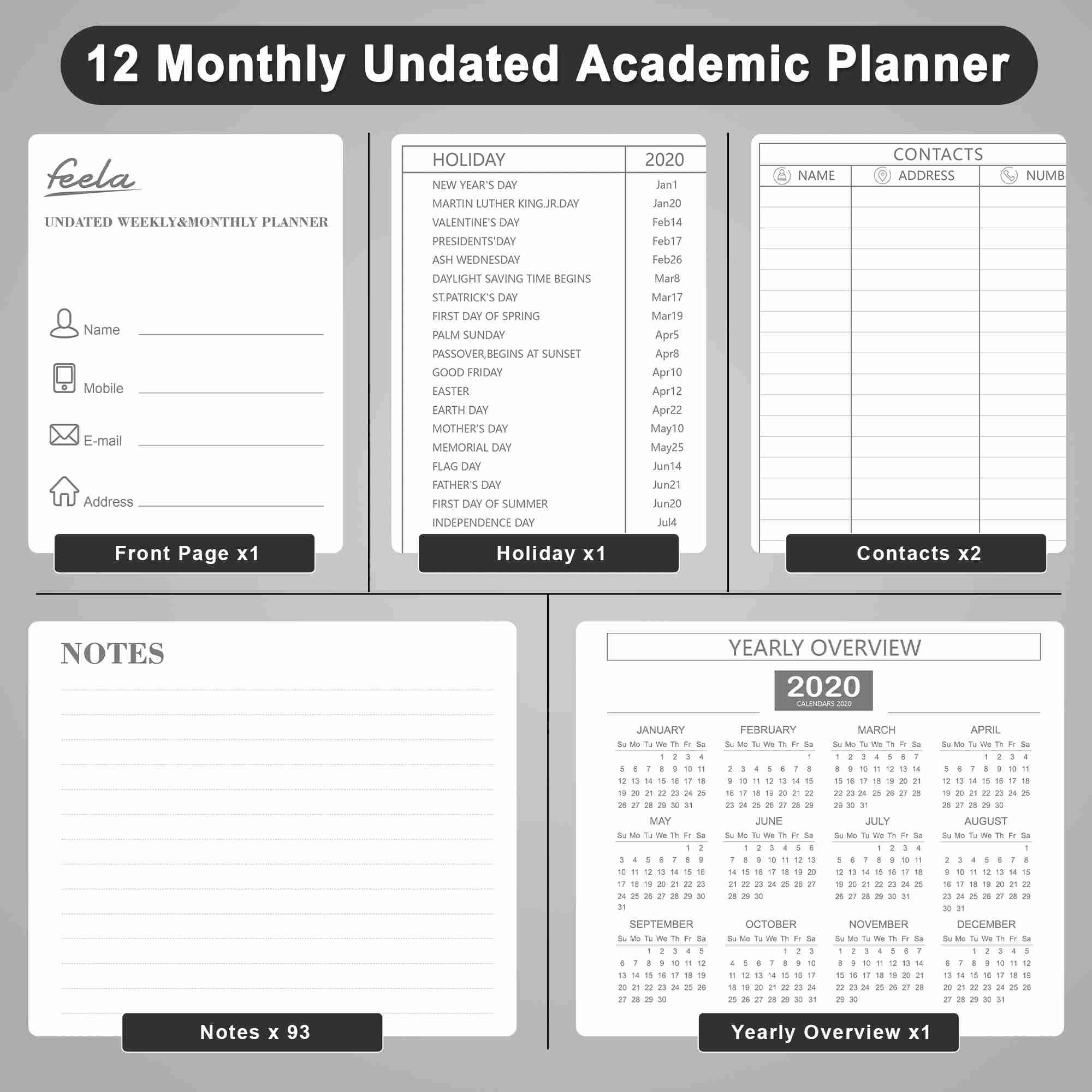 2025 Undated Planner - A5 Monthly & Weekly Academic Planner Kit for Students | Includes Highlighters, Note Stickers & Fineliner Pens | 1-Year School Supplies | Gray | Perfect for College, High School & Daily Organization