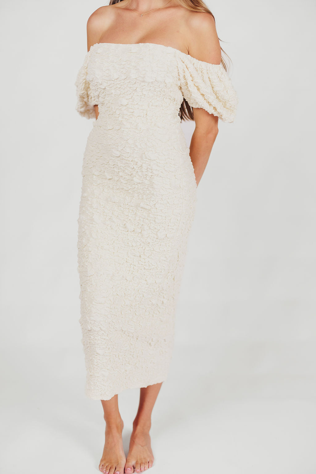 Blakeley Textured Midi Dress in Ivory - Bump Friendly Maternity Dress & Inclusive Sizing (S-3XL) | Perfect for Baby Showers, Bridal Events & Everyday Wear