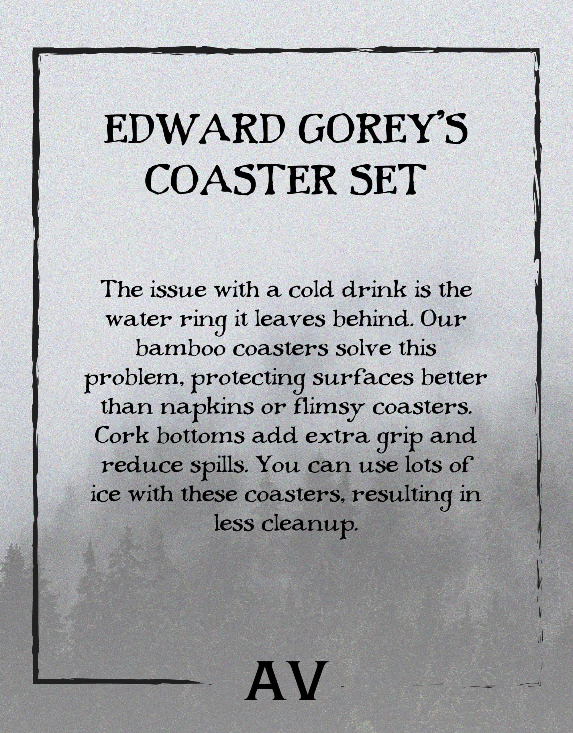 Edward Gorey™ The Gashlycrumb Tinies Laser-Cut Bamboo Coasters Set with Holder - Gothic Home Decor for Coffee Tables, Bars & Dining Rooms - Unique Drink Coasters for Wine, Cocktails & Coffee (Set of 4, G,O,R,E,Y)