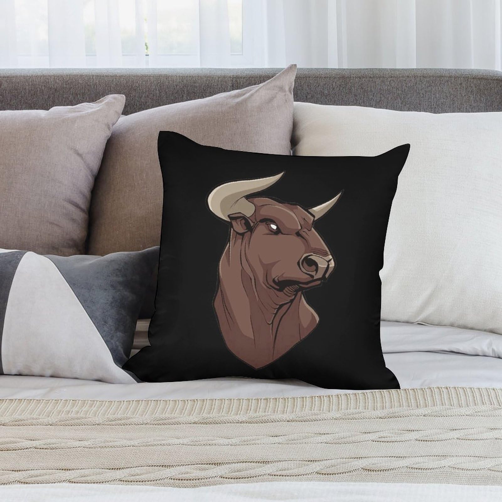 Premium Bull Head Polyester Pillow Cases - Soft & Smooth 16x16 Inch Cushion Covers for Sofa, Bed, or Couch - Elegant Home Decor for Living Room & Bedroom