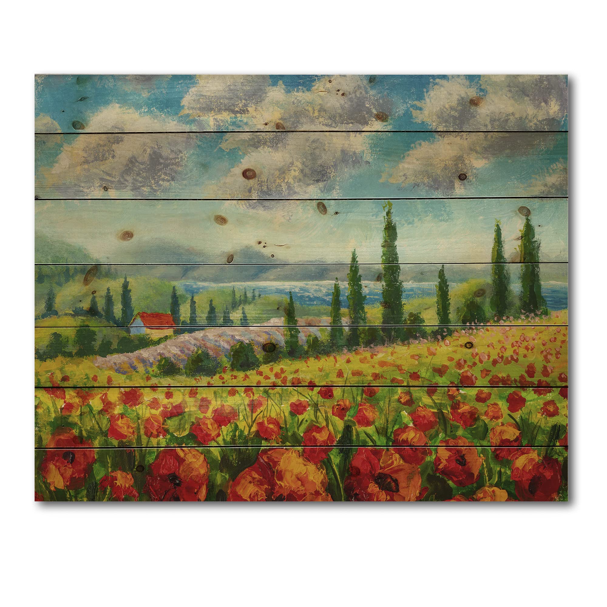 Traditional Italian Poppies Landscape Wood Wall Art - Large Floral Pine Wood Panel Decor for Living Room, Bedroom & Office | Hand-Painted Red Wood Wall Hanging for Home & Office Decoration