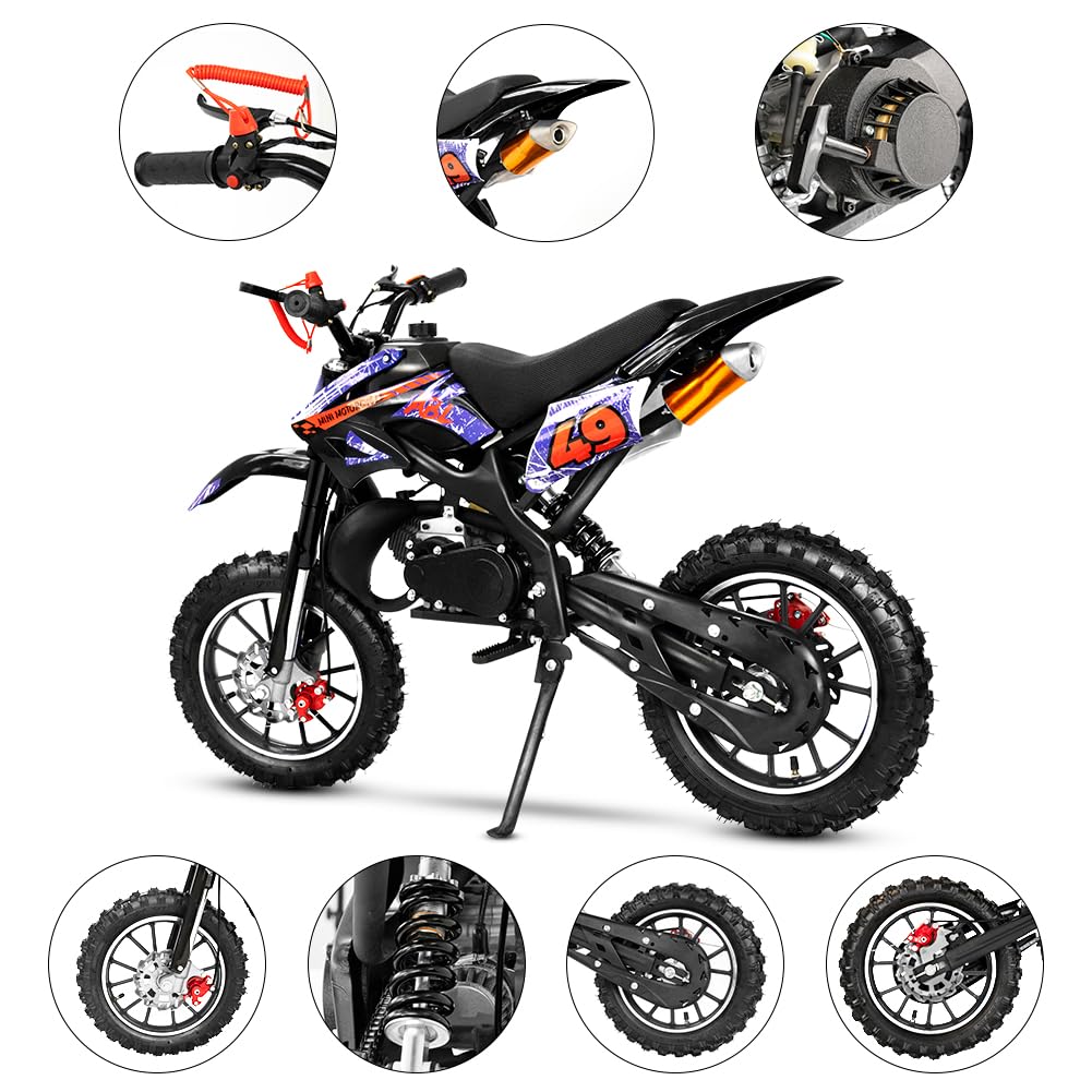 49CC Kids Dirt Bike - 2-Stroke Gas Powered Mini Bike for Off-Road & Trail Riding - Front & Rear Disc Brakes, Speeds Up to 40MPH, 220LBS Weight Capacity (Black) - Perfect for Backyard Adventures, Off-Road Trails & Youth Motocross Training