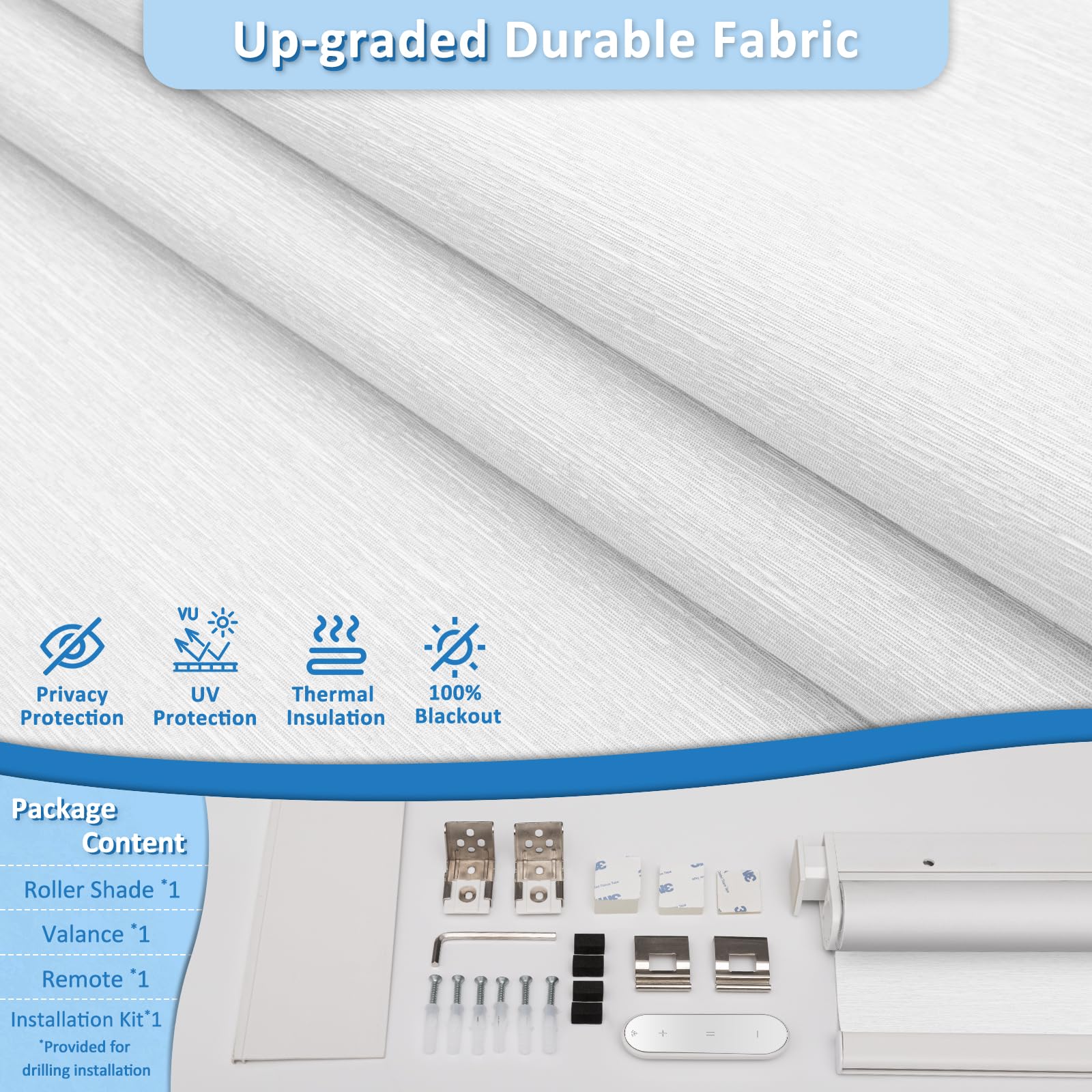 Smart Motorized Blinds with Remote Control - Cordless No-Drill Automatic Roller Shades for Windows - Blackout Electric Window Blinds for Home & Office (White, 38