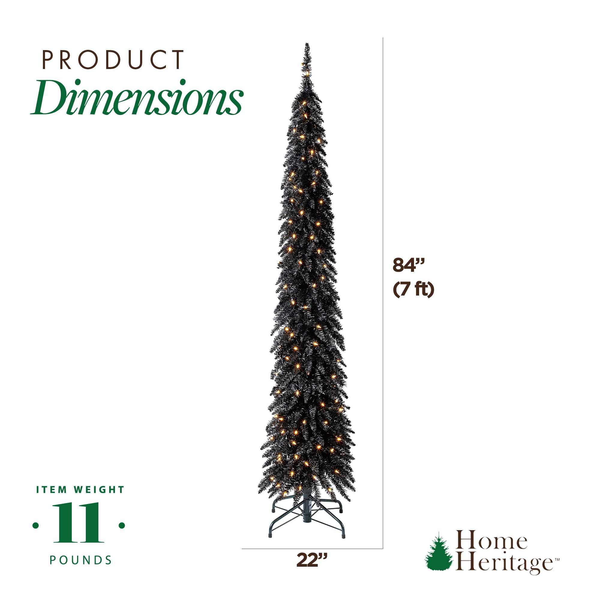 7ft Pre-Lit Skinny Pencil Artificial Christmas Tree with 150 Warm White LED Lights & Stand - Black Holiday Decor for Small Spaces, Apartments & Office Decorations