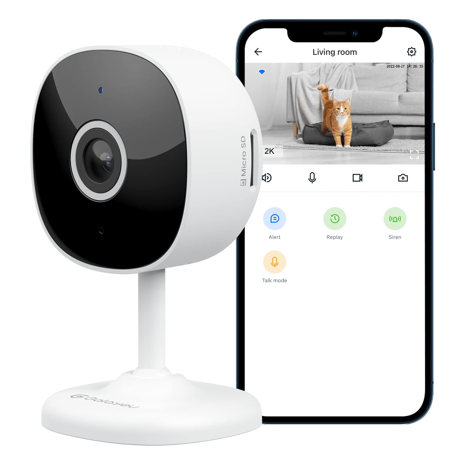 Galayou 2K WiFi Indoor Security Camera - Baby Monitor, Pet & Elderly Camera with Phone App, 24/7 SD Card Storage, Alexa & Google Home Compatible (Model G7) for Home, Nursery & Pet Room Surveillance