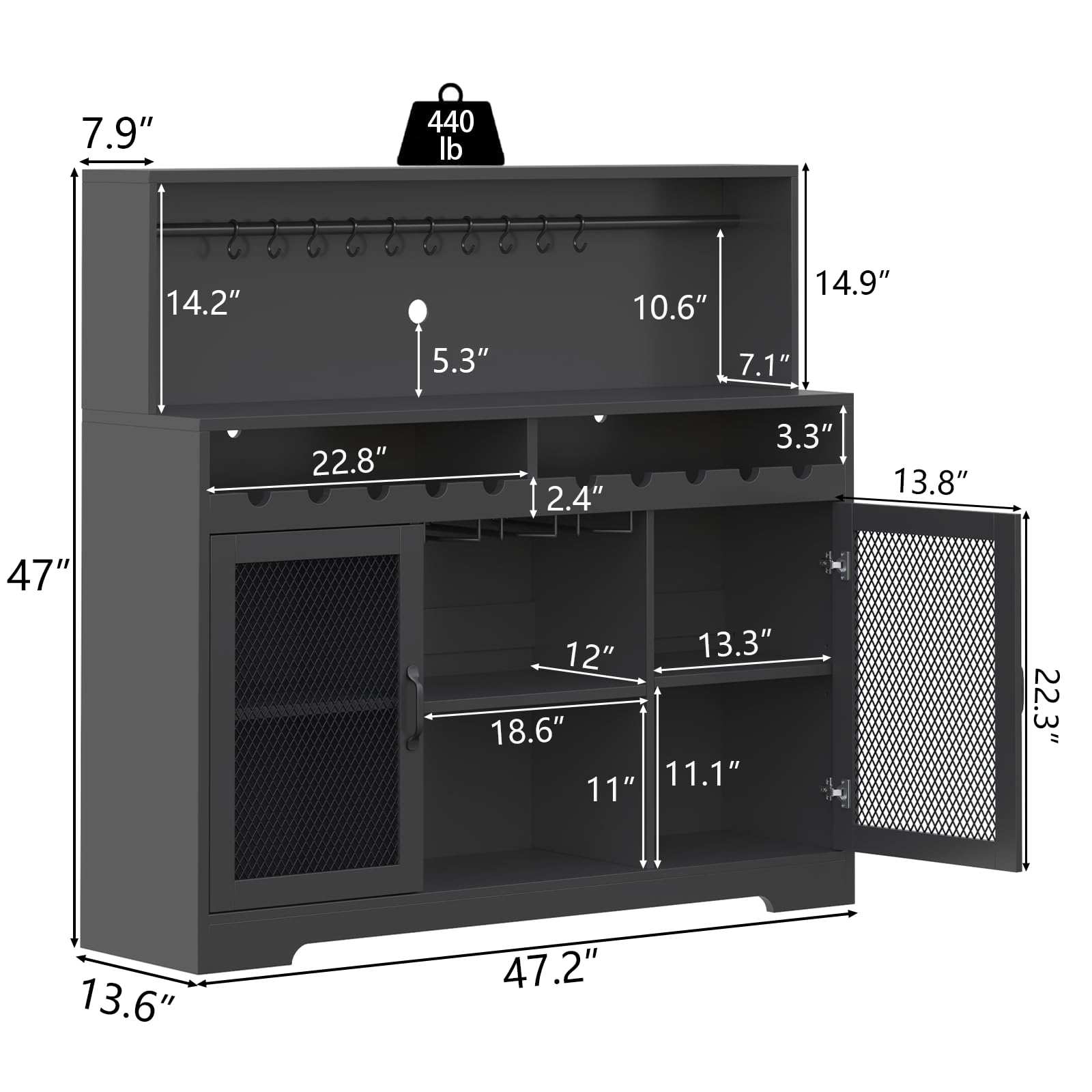 Loomie Modern Wine Bar Cabinet with LED Lighting - Glass Holder Liquor Storage & Coffee Bar Buffet Cabinet with Wine Racks & Mesh Door - Perfect for Home Bars, Dining Rooms & Entertaining (Black)