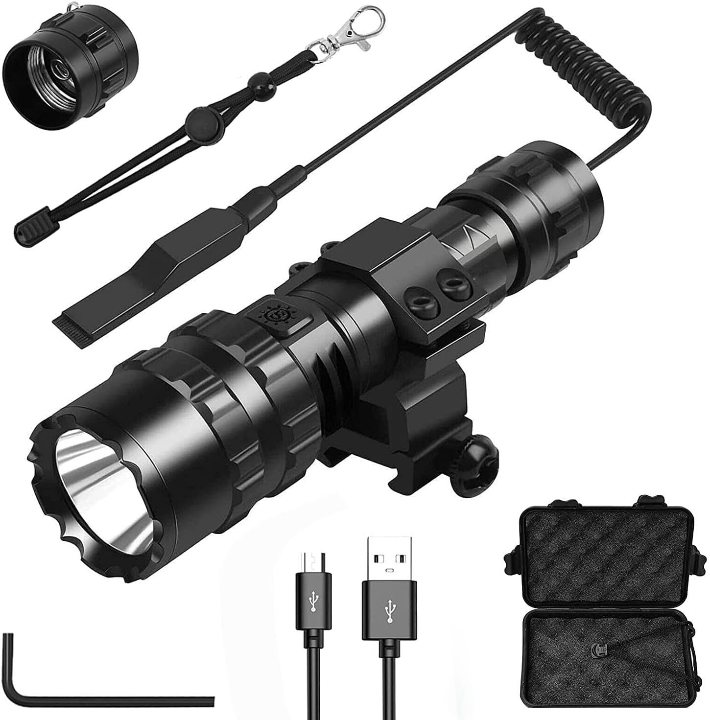 3000 Lumens Tactical Flashlight - 5 Modes LED Hunting Light with Picatinny Rail Mount, Waterproof, Remote Pressure Switch, USB Rechargeable Battery & Hex Screwdriver - Perfect for Hunting, Camping, Emergency & Outdoor Adventures