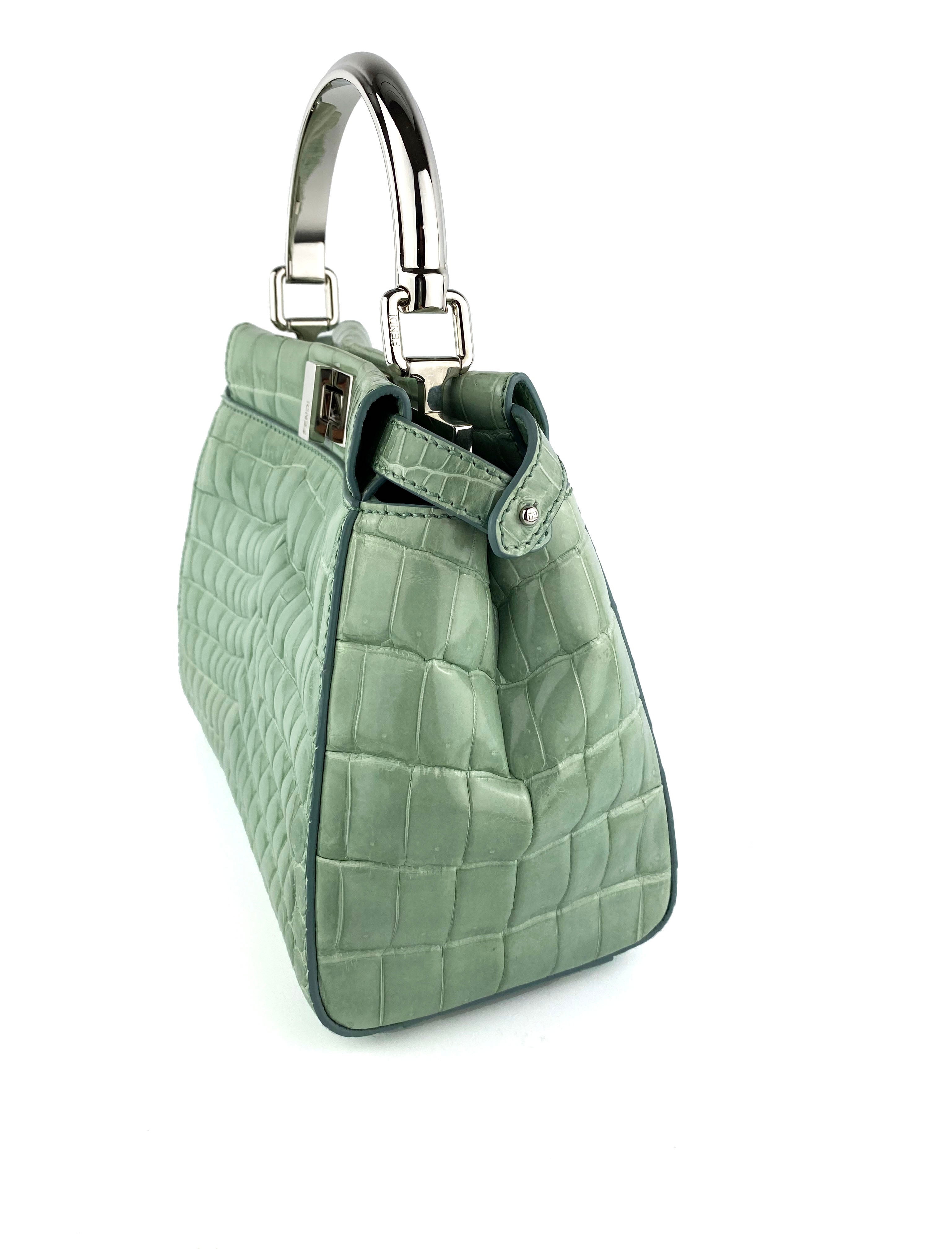 Fendi Peekaboo Mini Handbag in Mint Green Genuine Crocodile Leather - Luxury Crossbody Purse for Women, Perfect for Date Night & Special Occasions