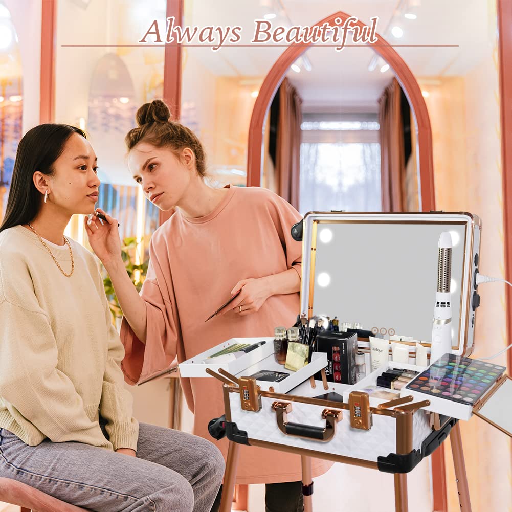 Professional Medium Makeup Train Case with Code Lock - Lighted Mirror & Bluetooth Speaker - Travel Cosmetic Organizer Box for Artists & Stylists - Perfect for Salon, Studio & On-the-Go Makeup Application - White