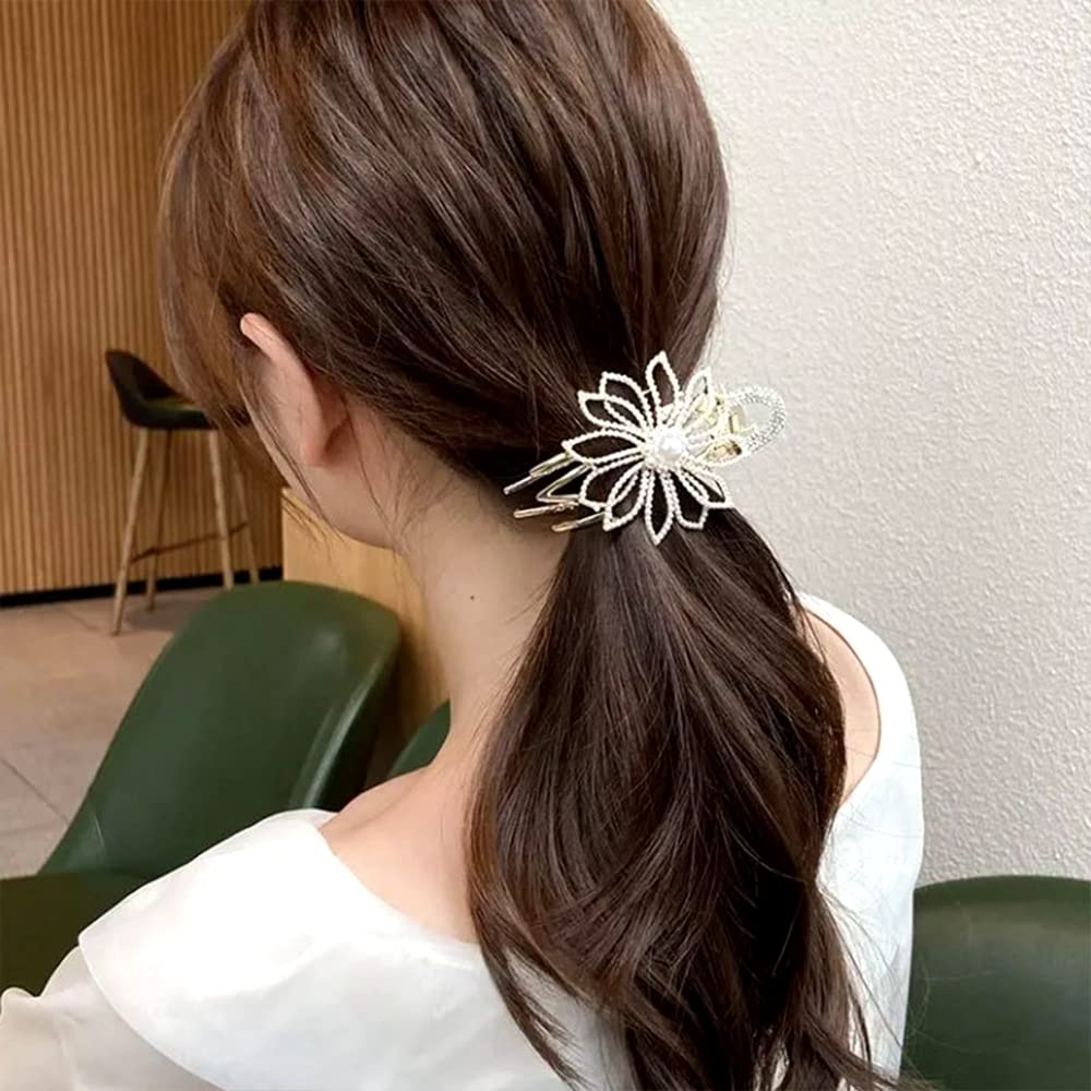 Yusier White Pearl Rhinestone Hair Clips for Women - Duckbill Flower Barrettes for Fine & Flat Hair - Elegant Pearl Hair Accessories for Weddings, Parties & Daily Styling
