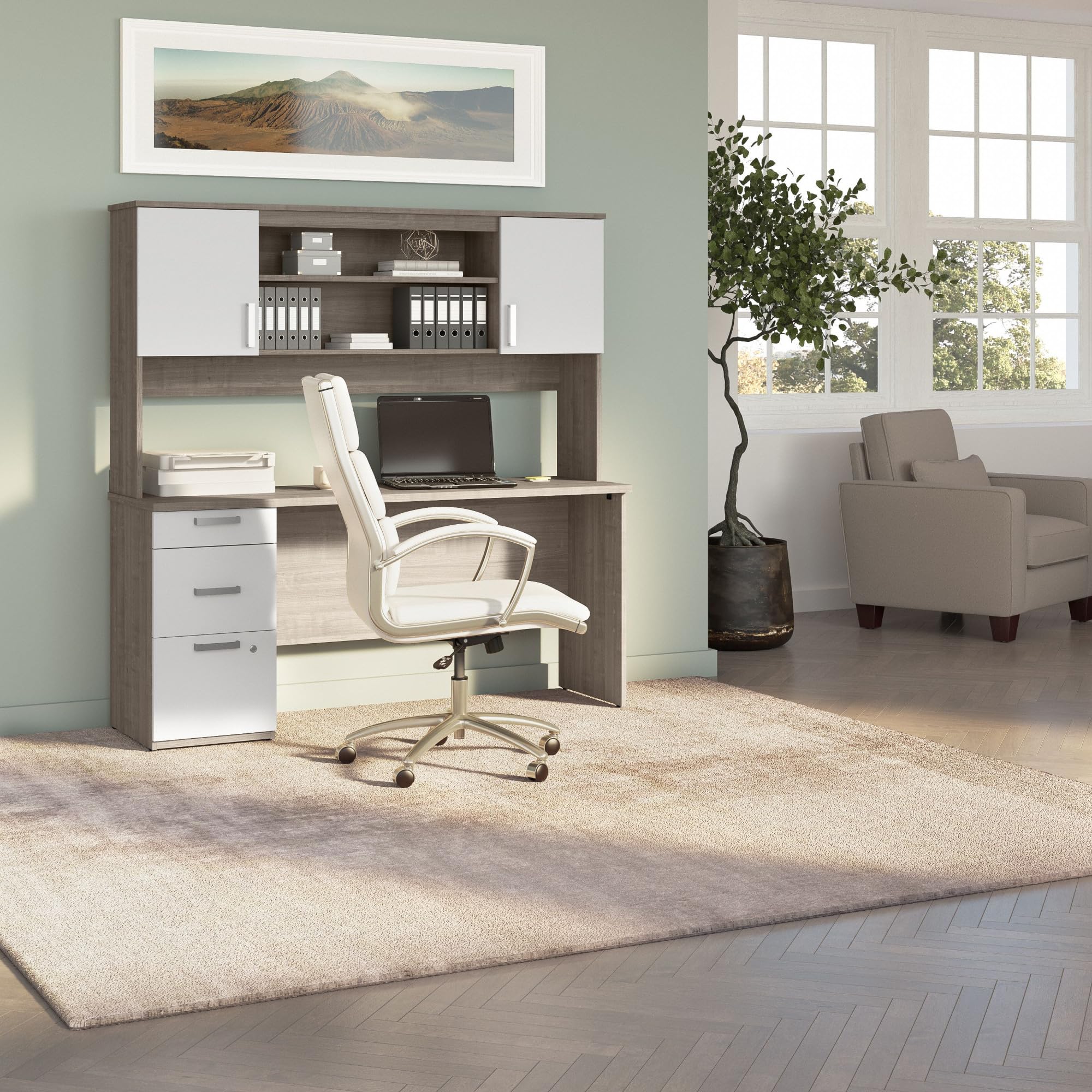 Bestar Ridgeley Computer Desk with Hutch - Silver Maple & Pure White, 65