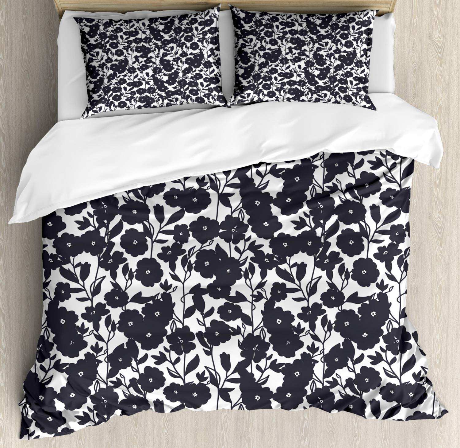 Ambesonne Floral Duvet Cover Set King Size - Dark Charcoal Gardening Flowers Leaves Swirls Modern Art Print - 3 Piece Bedding Set with 2 Pillow Shams in Navy Blue & White - Perfect for Master Bedroom, Guest Room Decor & Modern Farmhouse Style