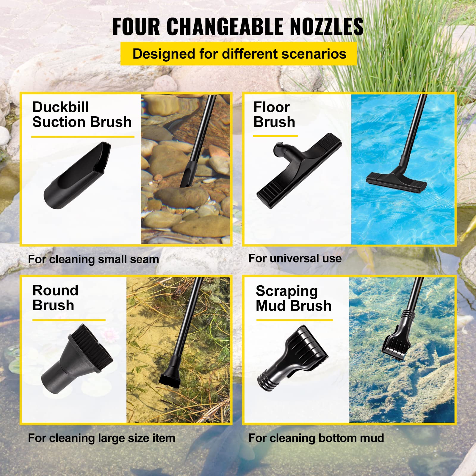 VEVOR 1400W Powerful Pond Vacuum Cleaner for Outdoor Ponds - 13ft Intake Hose, 4 Extension Tubes, 15ft Power Cord, 4 Brush Heads & Nozzles, 6.5ft Drain Hose with Debris Bag - Ideal for Cleaning Garden Ponds, Koi Ponds, and Water Features
