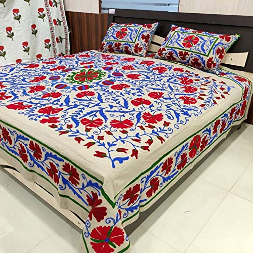 Handmade Suzani Floral Embroidered Bedspread - Uzbekistan Traditional Boho Home Decor, 90x108 Inches Queen Size Bed Cover for Bohemian & Eclectic Bedroom Style | Perfect for Guest Rooms, Master Bedrooms & Boho Chic Interiors