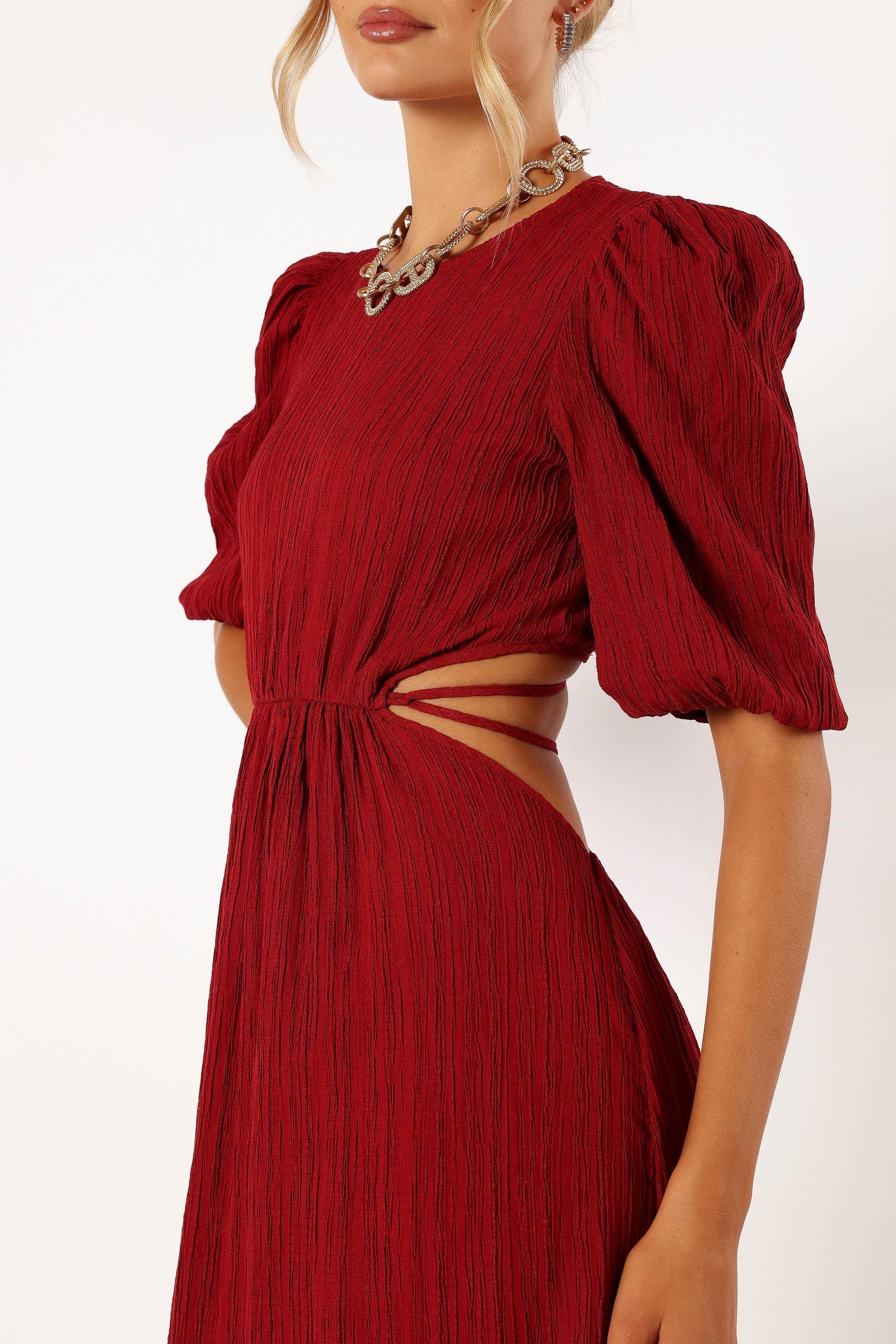 Carina Pleated Midi Dress in Dark Red | Flowy A-Line Skirt for Women | Perfect for Weddings, Parties & Office Wear