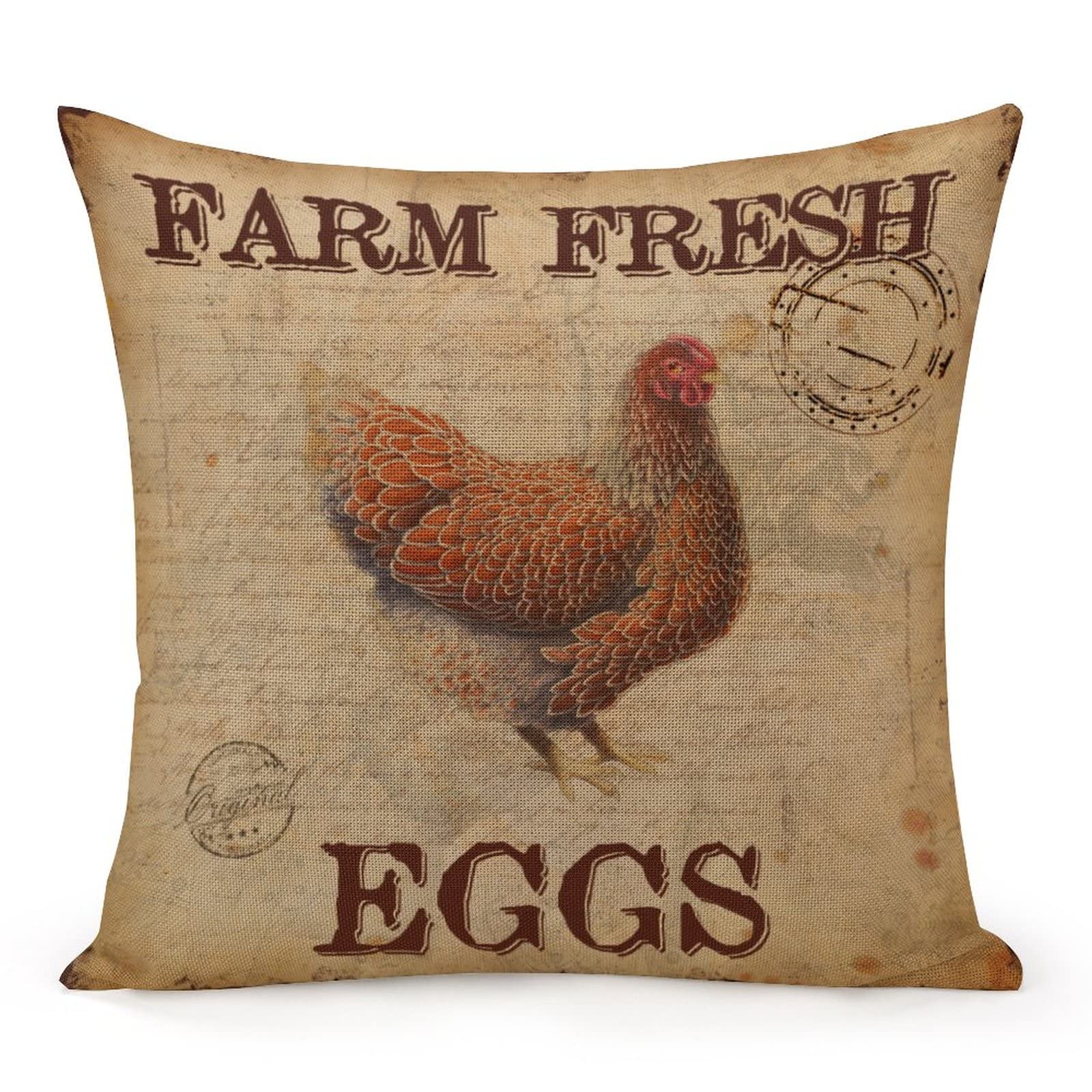 Farmhouse Rooster Chicken Throw Pillow Cover 18x18 Inch - Farm Fresh Eggs Design Farm Animal Decor for Bedroom, Living Room, Couch - Soft Square Cushion Case Perfect for Rustic Home Decor and Country Style Interiors