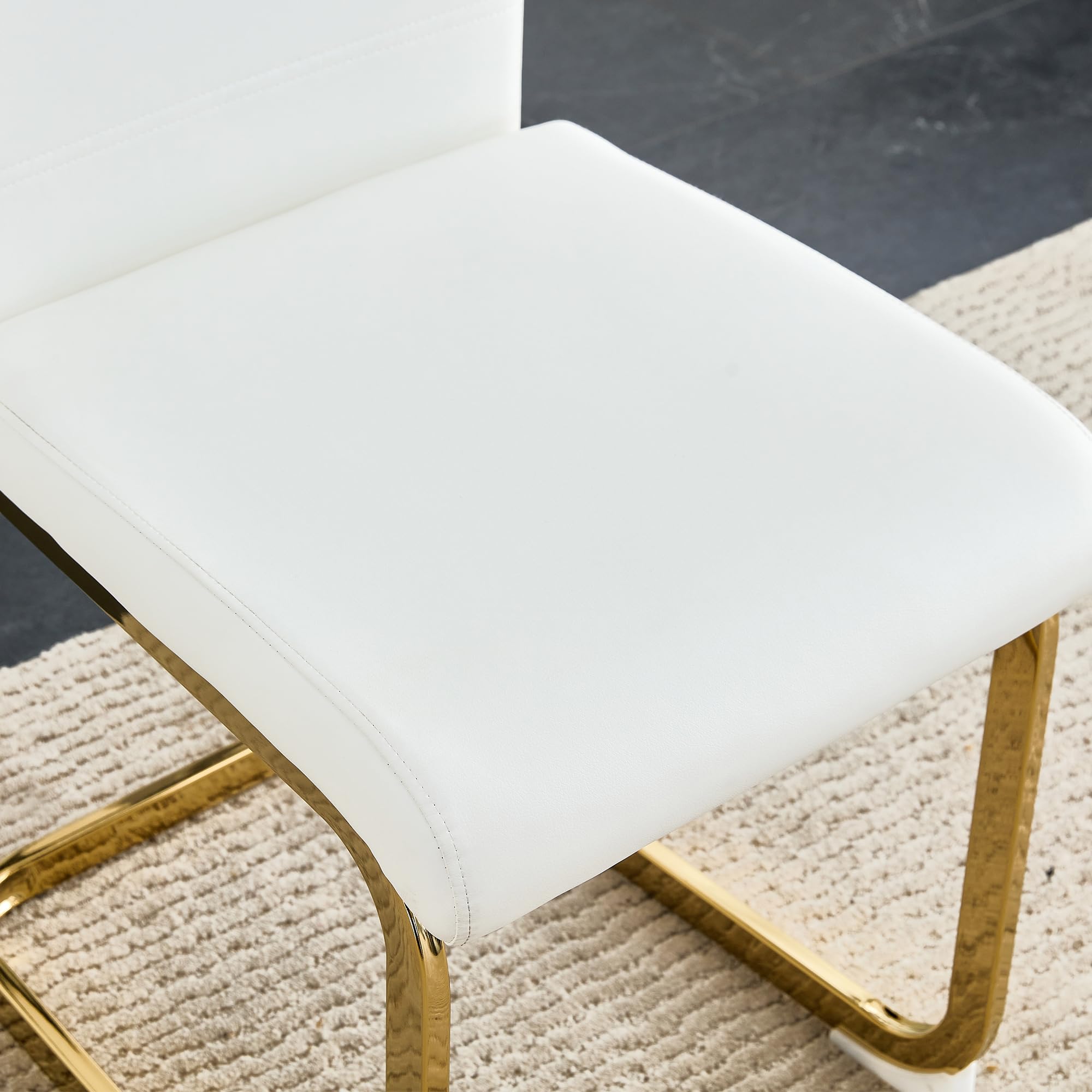 Modern Dining Chairs Set of 4 - PU Faux Leather High Back Upholstered Side Chairs with Horizontal Stripe Backrest - White with Gold Legs - Perfect for Kitchen, Dining Room & Living Room