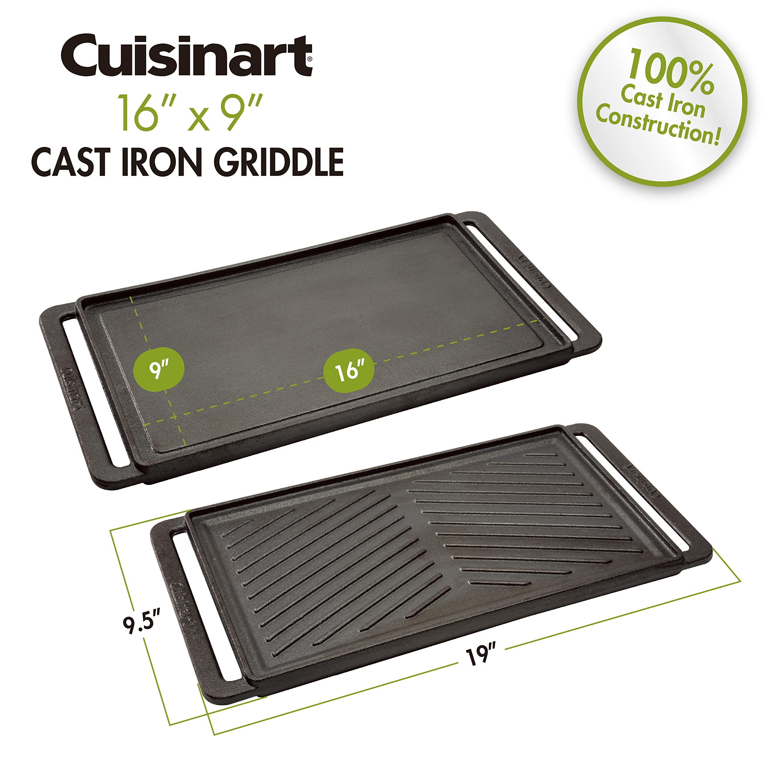 Cuisinart CCP-2000 Reversible Cast Iron Grill/Griddle - Ribbed Grill & Smooth Flat Top for Indoor/Outdoor Cooking - Perfect for Burgers, Steaks, Pancakes & More