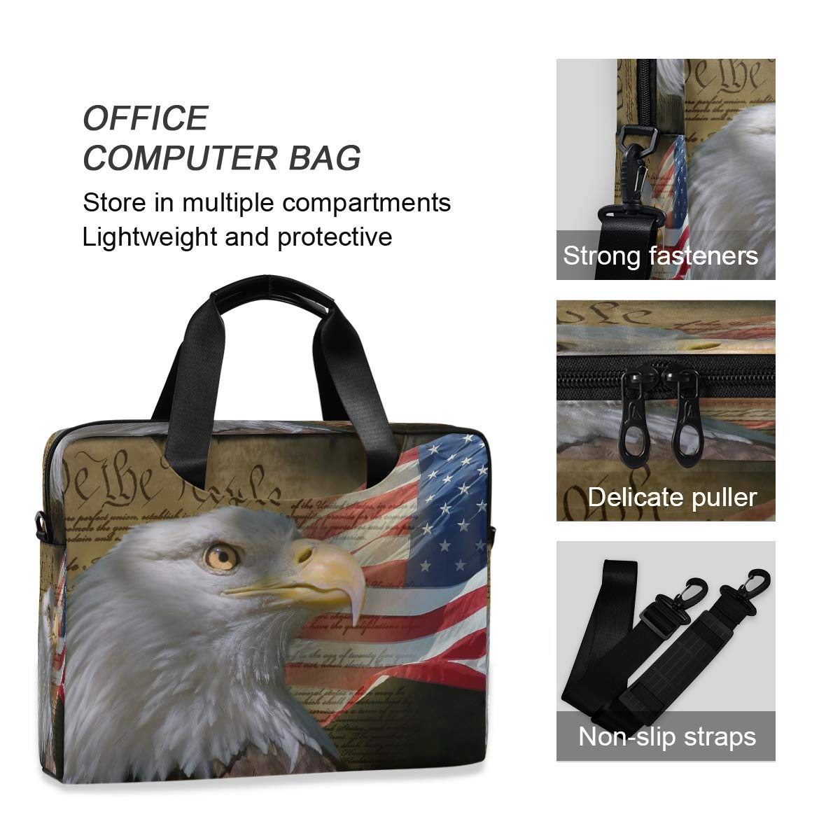 Patriotic USA Flag & Eagle Laptop Bag - Durable 13-15.6 Inch Laptop Sleeve Case with Shoulder Strap for Work, Travel & Business | American Flag Design Computer Briefcase for Men & Women