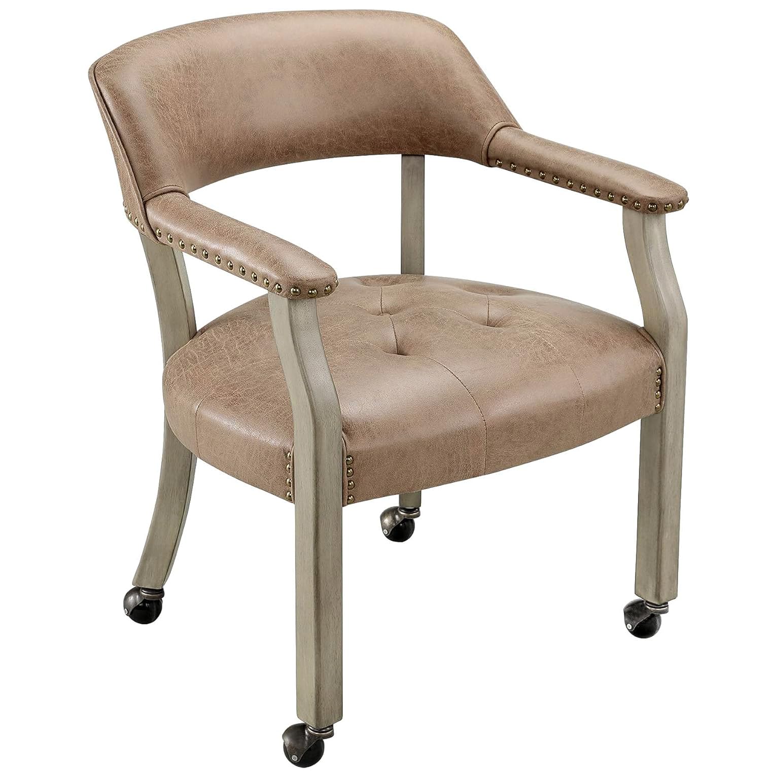 LEEMTORIG Rolling Dining Chairs with Casters & Arms - Grey Legs & Yellowish Brown Wooden Captains Chairs for Kitchen Table, Poker Table, Office & Home Use - SY-1318-LT