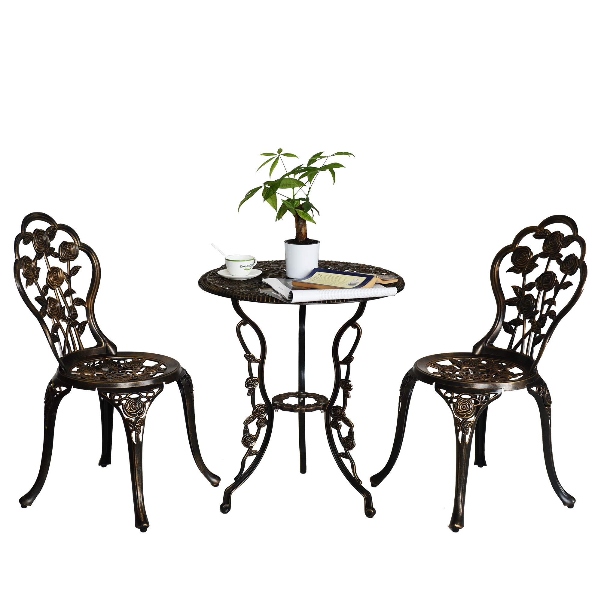 3-Piece Patio Bistro Table Set - Outdoor Cast Aluminum Dining Set with Umbrella Hole, Rose Flower Design, Dark Bronze Balcony Furniture (Perfect for Small Spaces, Garden, Deck & Backyard Relaxation)